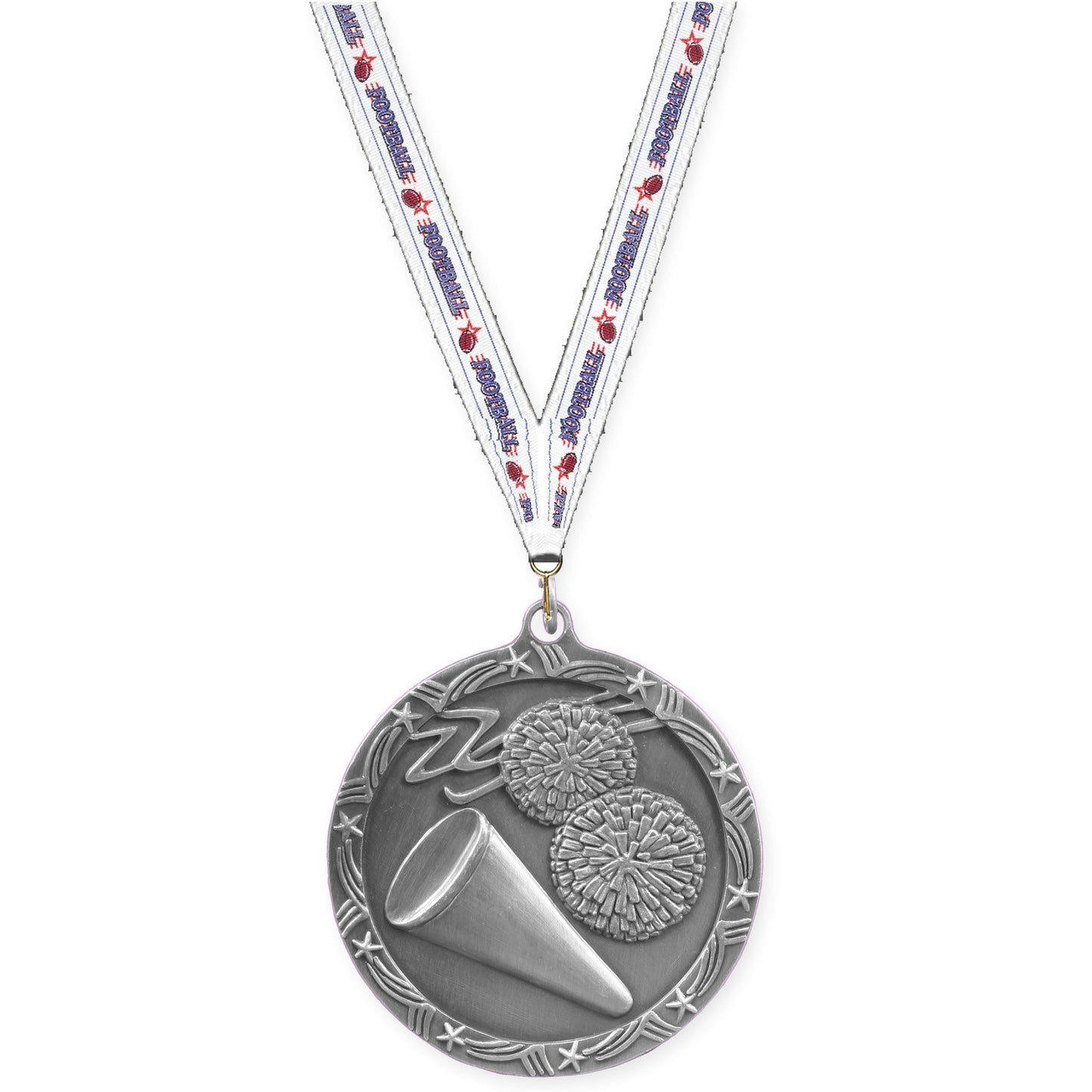 2 1/2 inch cheerleading Shooting Star medal in antique silver with Football neck ribbon