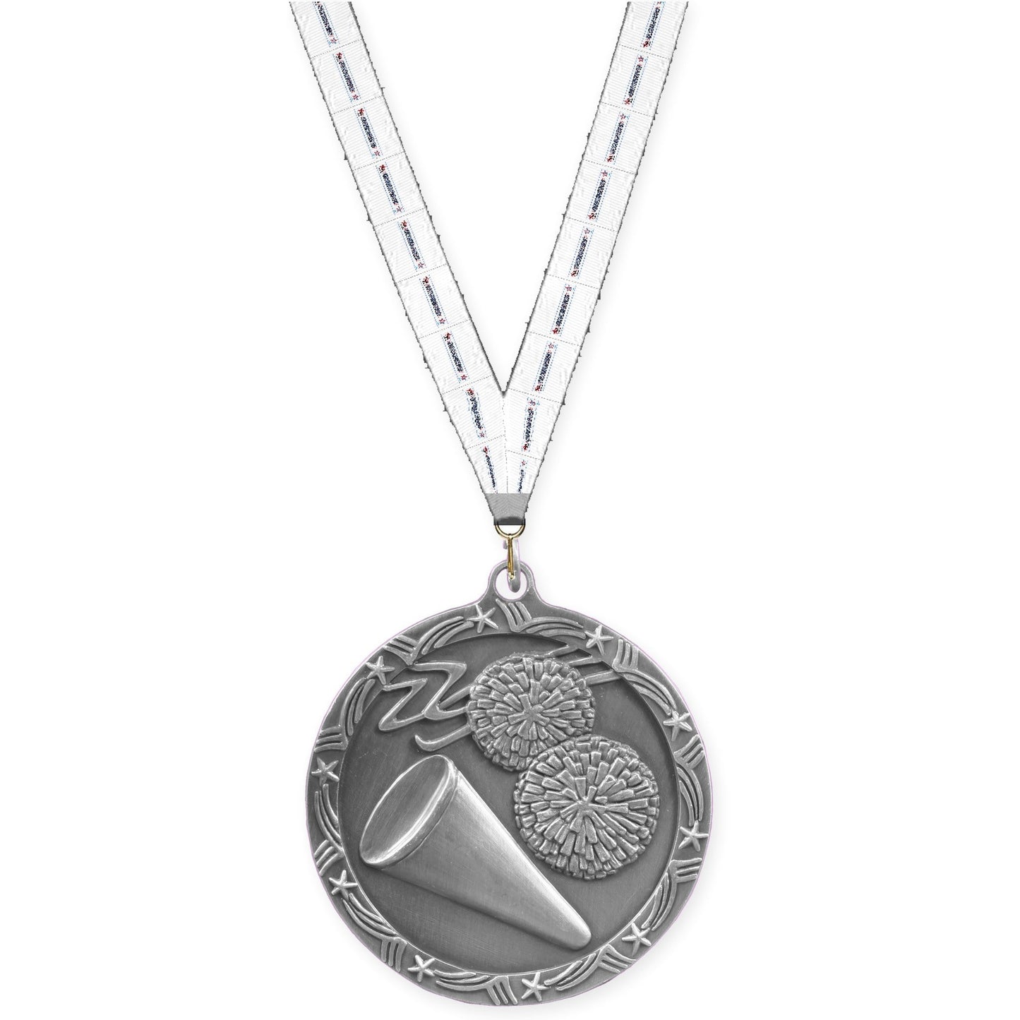 2 1/2 inch cheerleading Shooting Star medal in antique silver with Gymnastics neck ribbon
