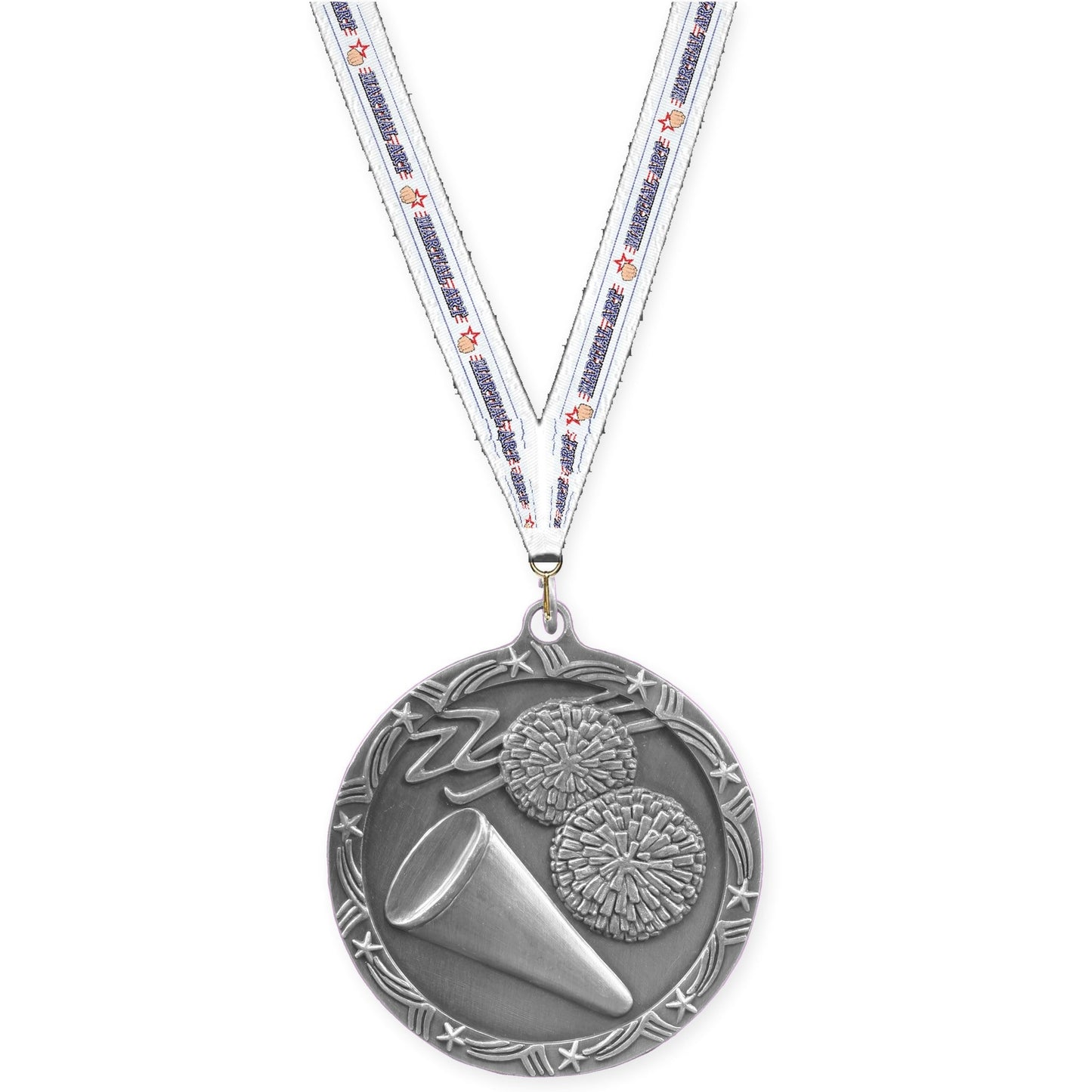 2 1/2 inch cheerleading Shooting Star medal in antique silver with Martial Arts neck ribbon
