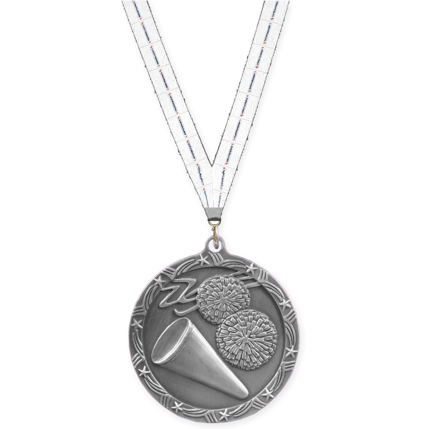 2 1/2 inch cheerleading Shooting Star medal in antique silver with Lamp Of Knowledge neck ribbon