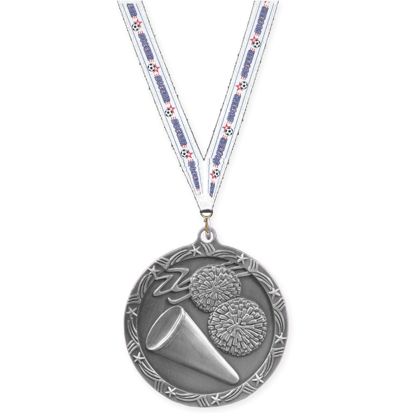 2 1/2 inch cheerleading Shooting Star medal in antique silver with Soccer neck ribbon