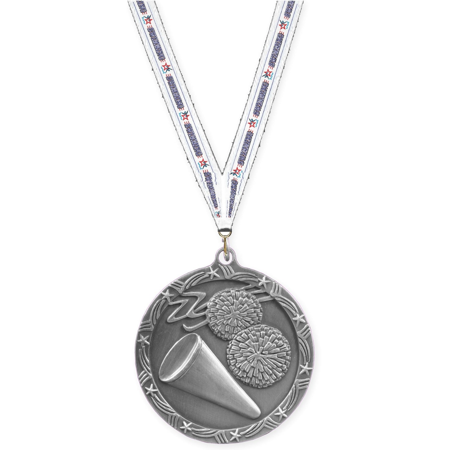 2 1/2 inch cheerleading Shooting Star medal in antique silver with Swimming neck ribbon