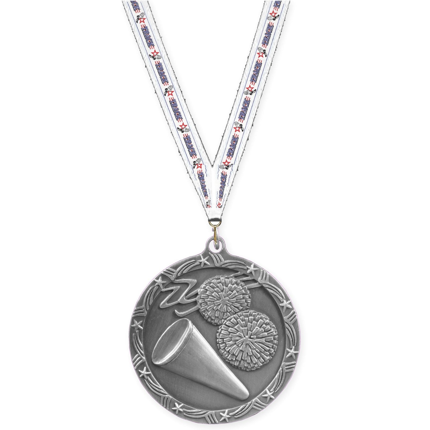 2 1/2 inch cheerleading Shooting Star medal in antique silver with Track neck ribbon