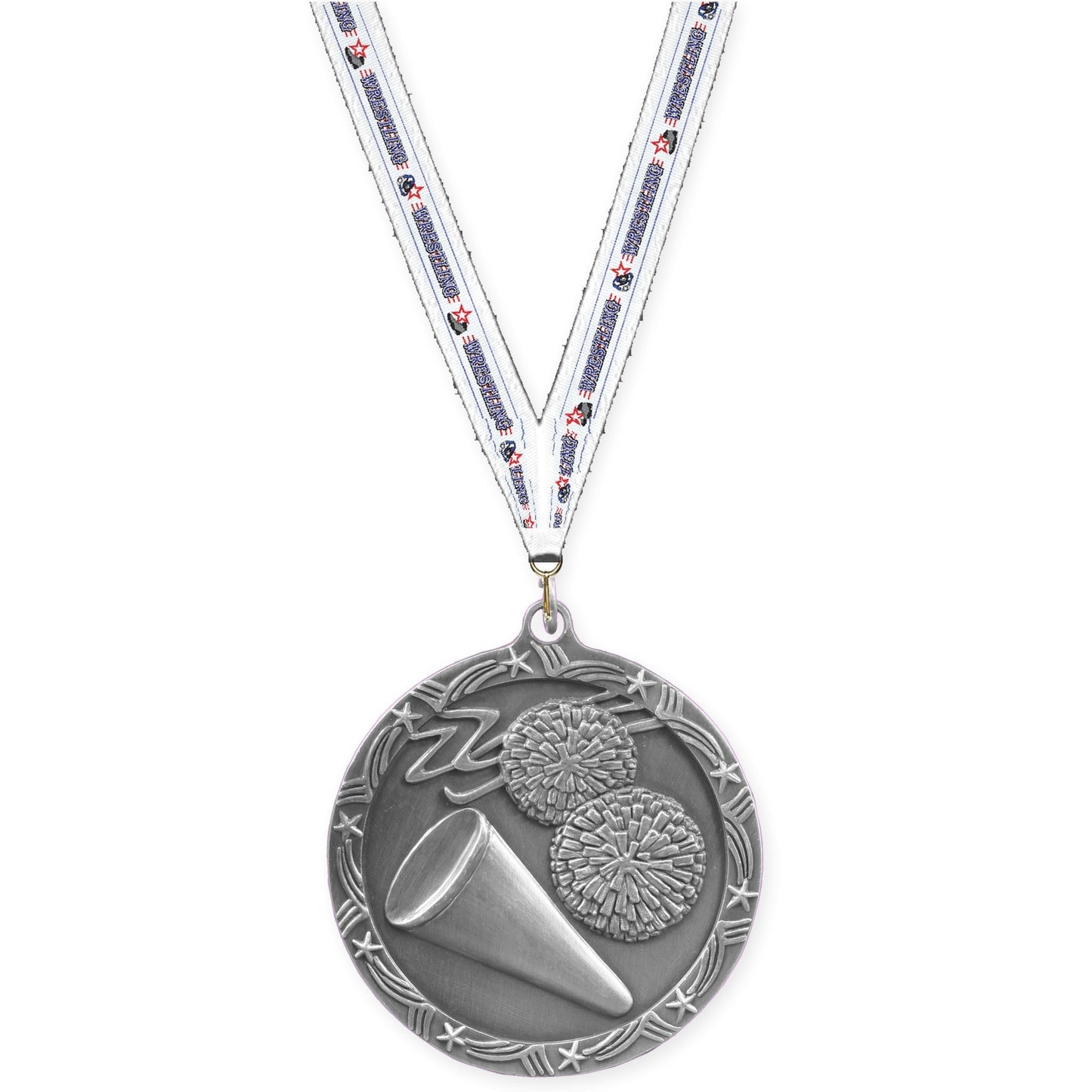 2 1/2 inch cheerleading Shooting Star medal in antique silver with Wrestling neck ribbon
