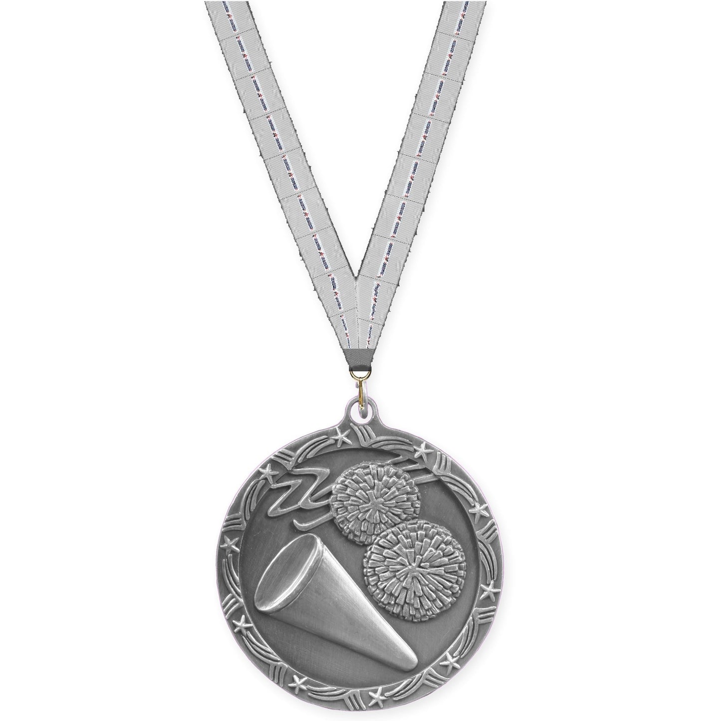 2 1/2 inch cheerleading Shooting Star medal in antique silver with Auto Racing neck ribbon
