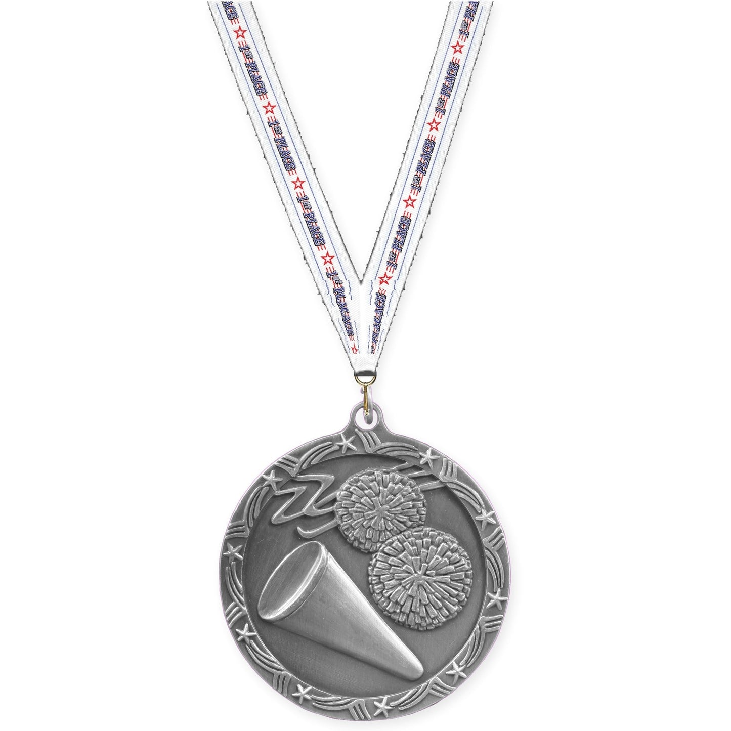 2 1/2 inch cheerleading Shooting Star medal in antique silver with 1st Place neck ribbon