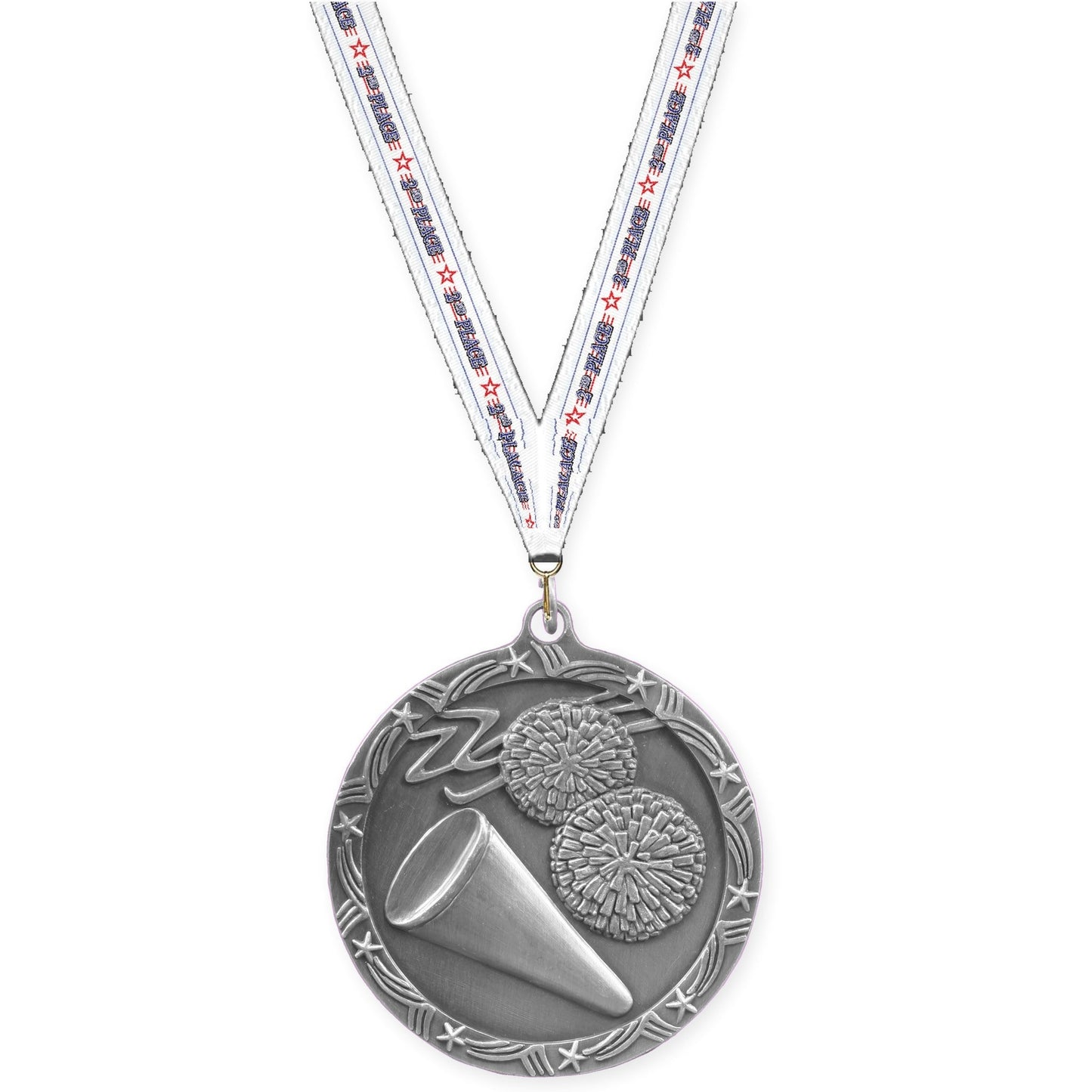 2 1/2 inch cheerleading Shooting Star medal in antique silver with 2nd Place neck ribbon