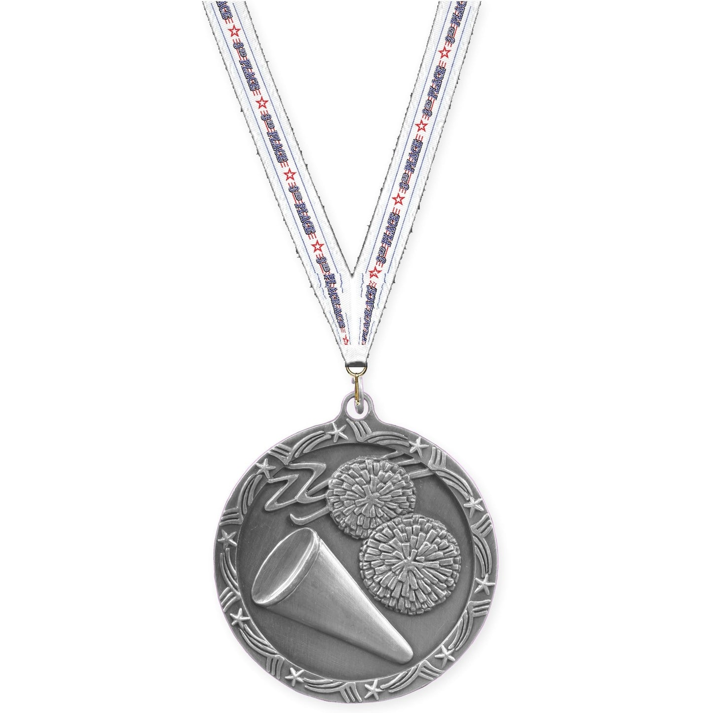 2 1/2 inch cheerleading Shooting Star medal in antique silver with 3rd Place neck ribbon