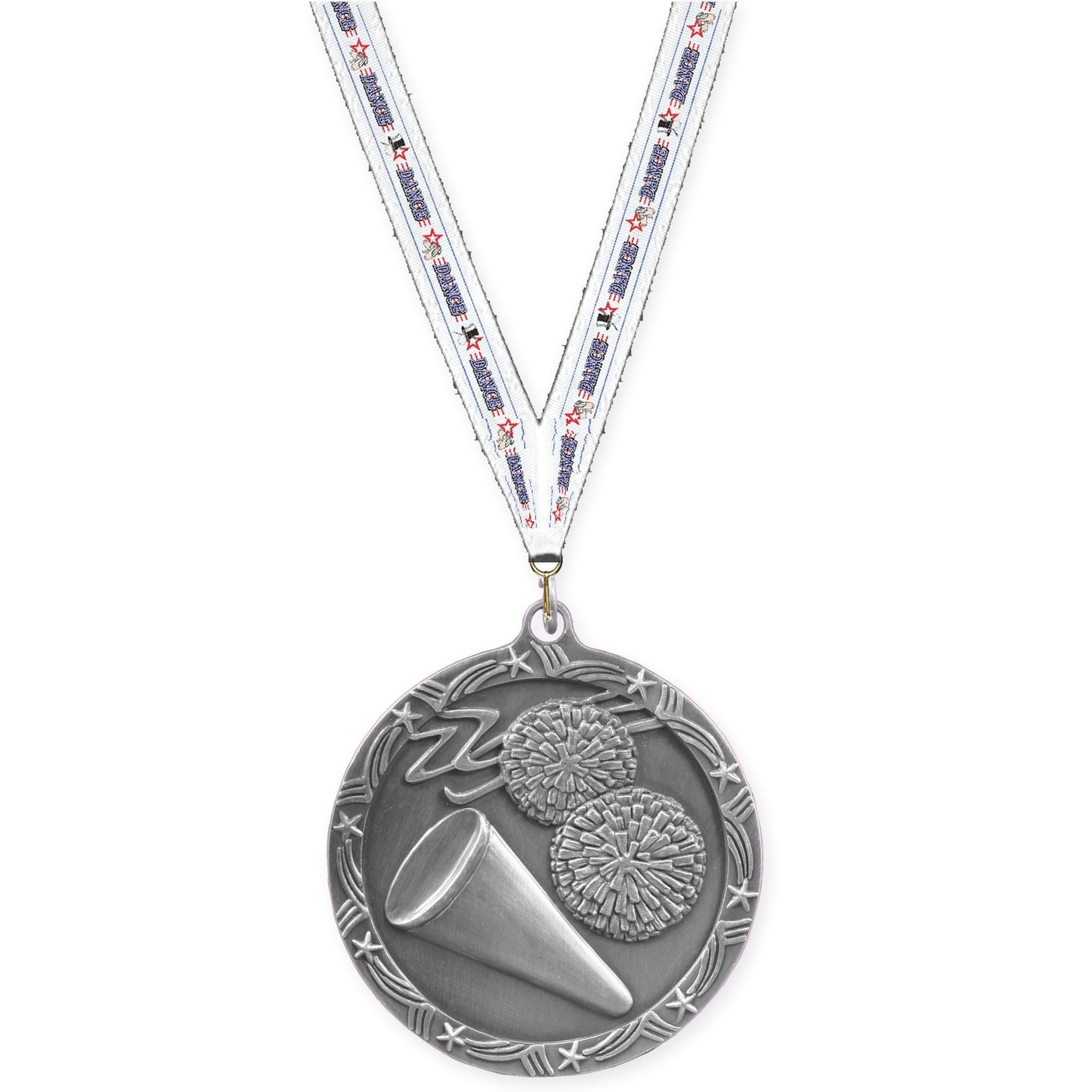 2 1/2 inch cheerleading Shooting Star medal in antique silver with Dance neck ribbon