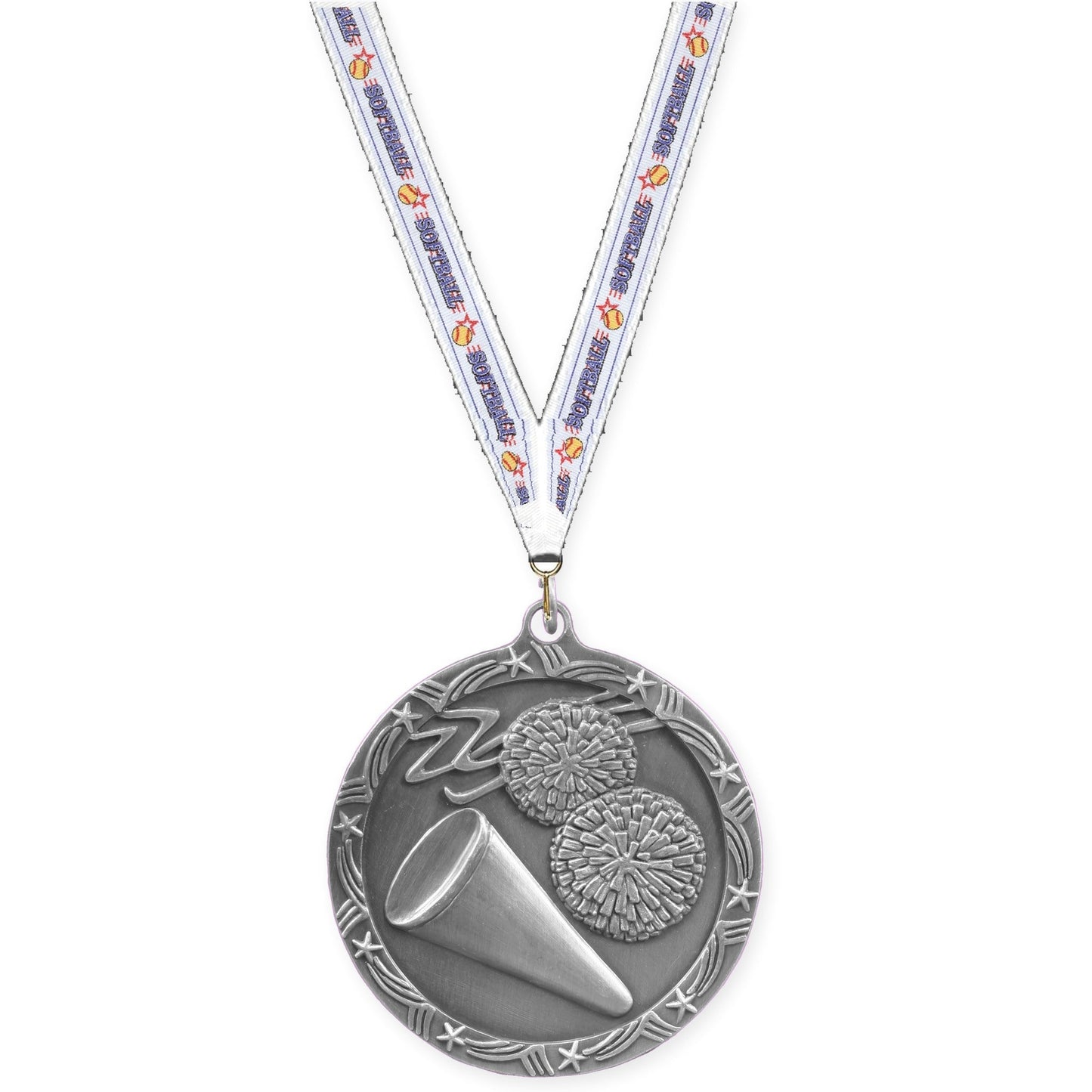 2 1/2 inch cheerleading Shooting Star medal in antique silver with Softball neck ribbon