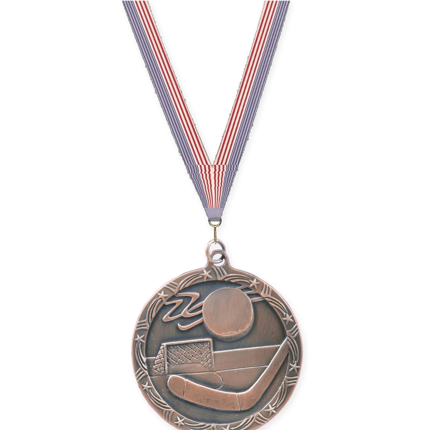 2 1/2 inch hockey Shooting Star medal in antique bronze with USA Flag neck ribbon