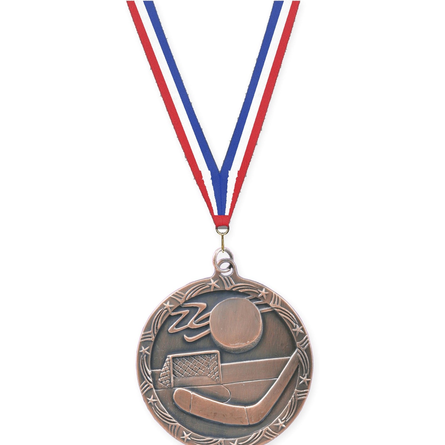 2 1/2 inch hockey Shooting Star medal in antique bronze with Red White Blue neck ribbon