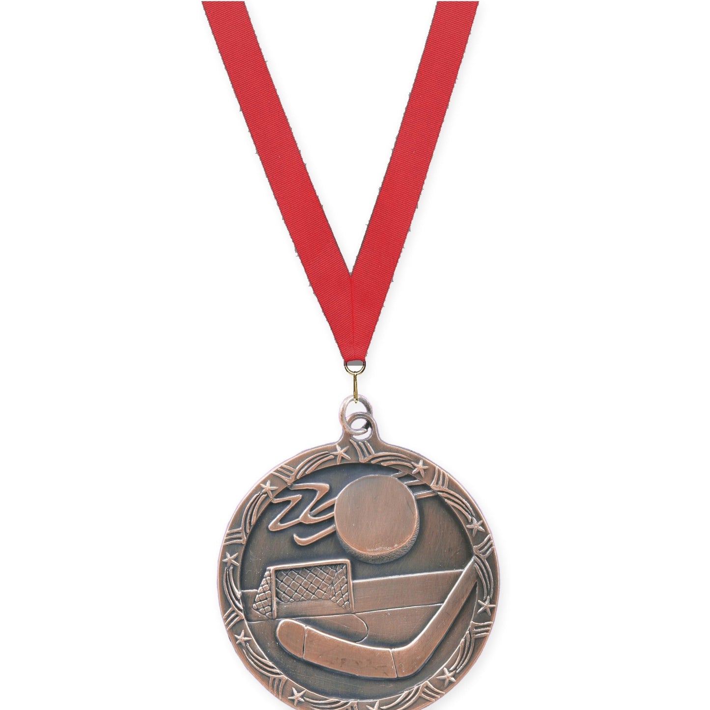 2 1/2 inch hockey Shooting Star medal in antique bronze with Red neck ribbon