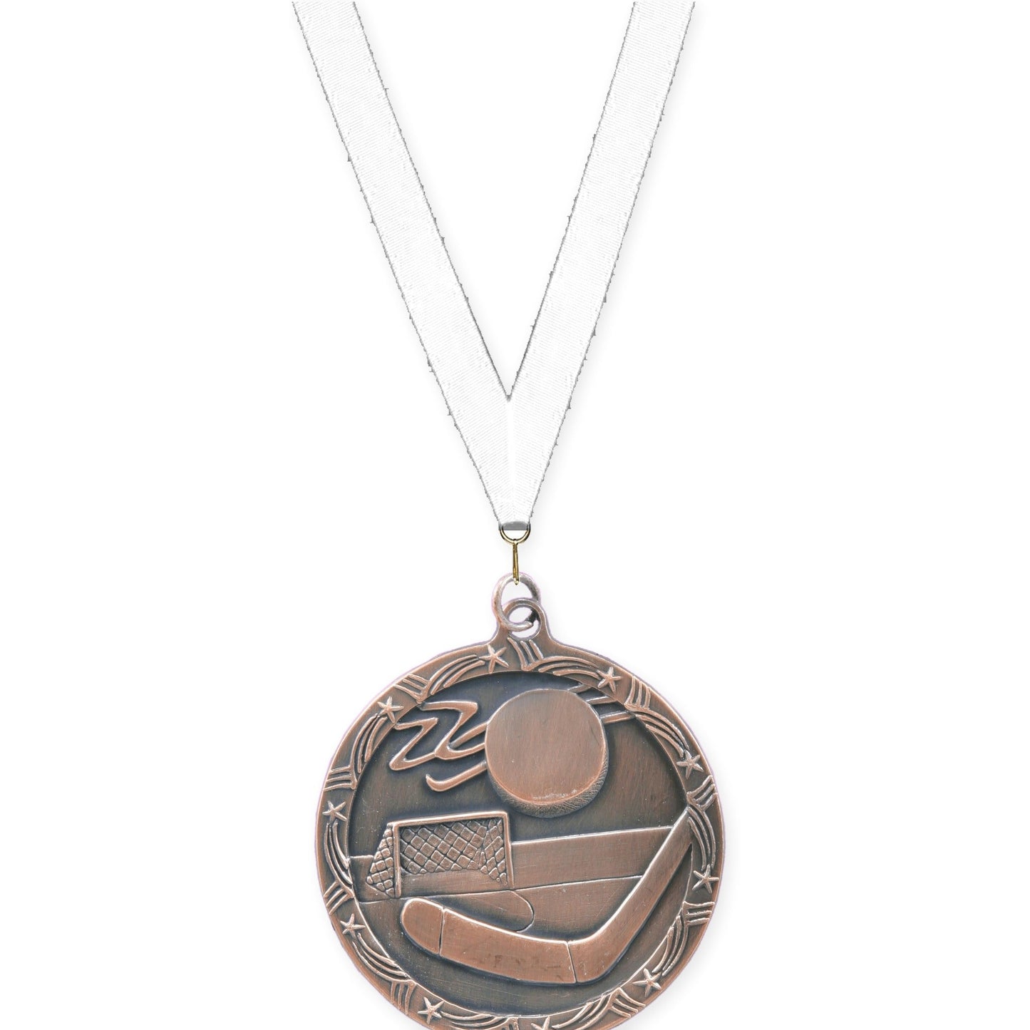 2 1/2 inch hockey Shooting Star medal in antique bronze with White neck ribbon