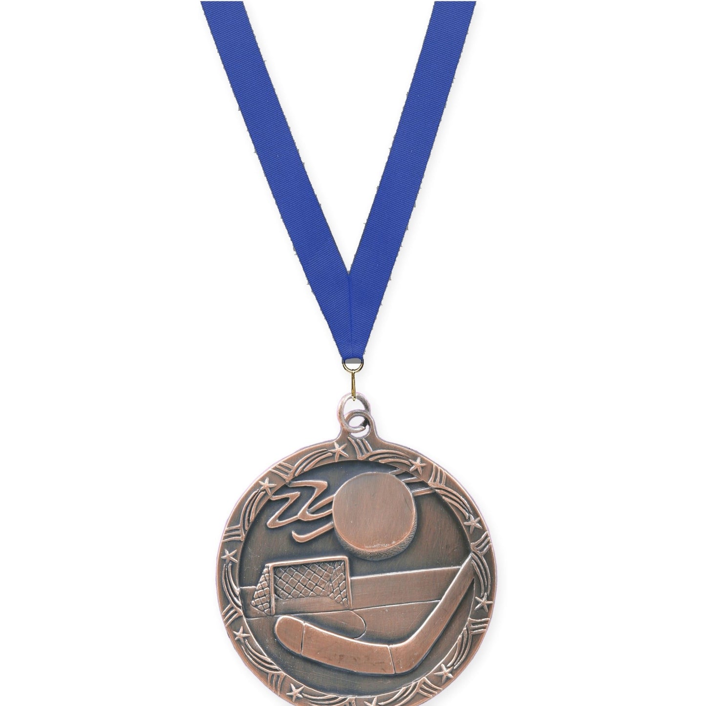 2 1/2 inch hockey Shooting Star medal in antique bronze with Blue neck ribbon