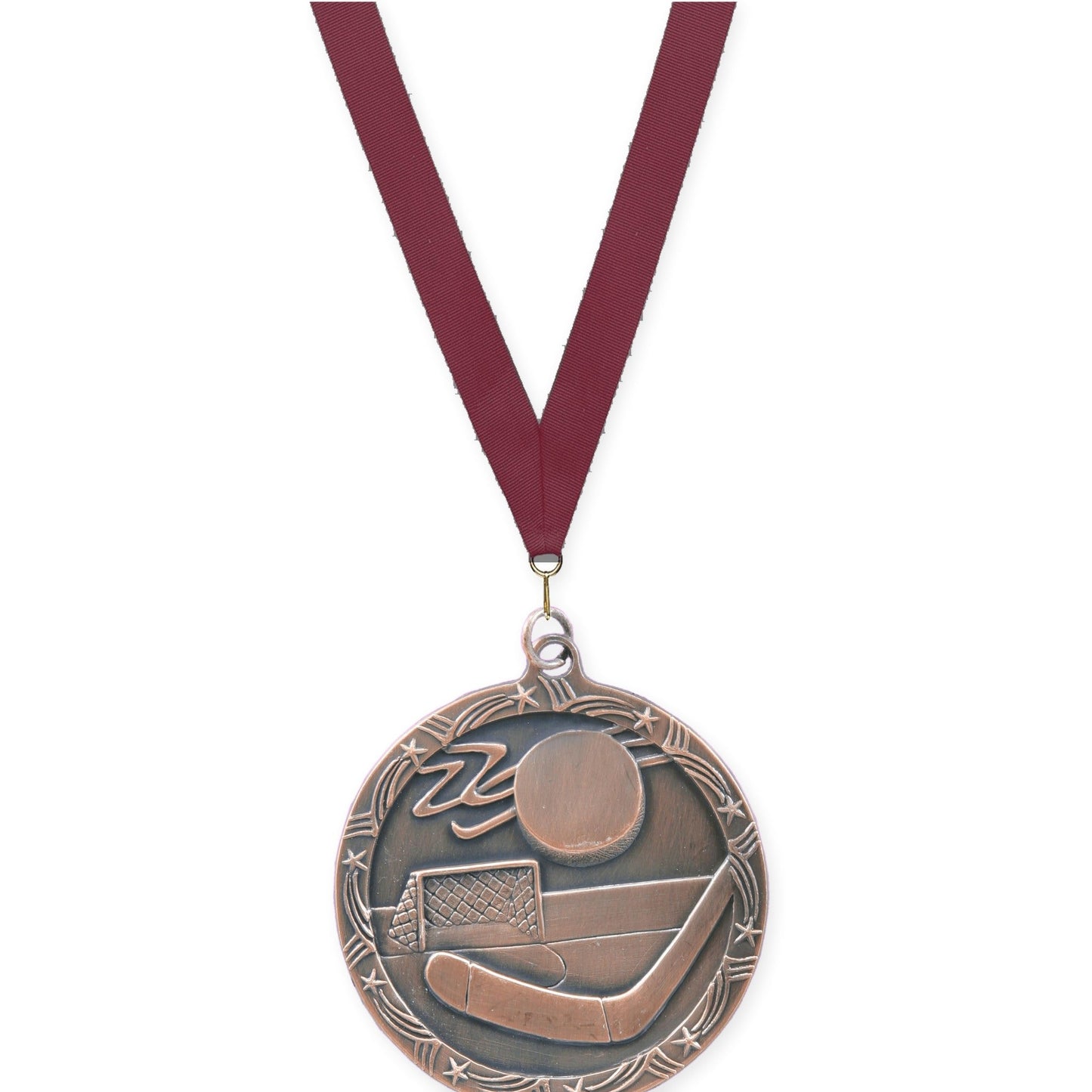 2 1/2 inch hockey Shooting Star medal in antique bronze with Maroon neck ribbon