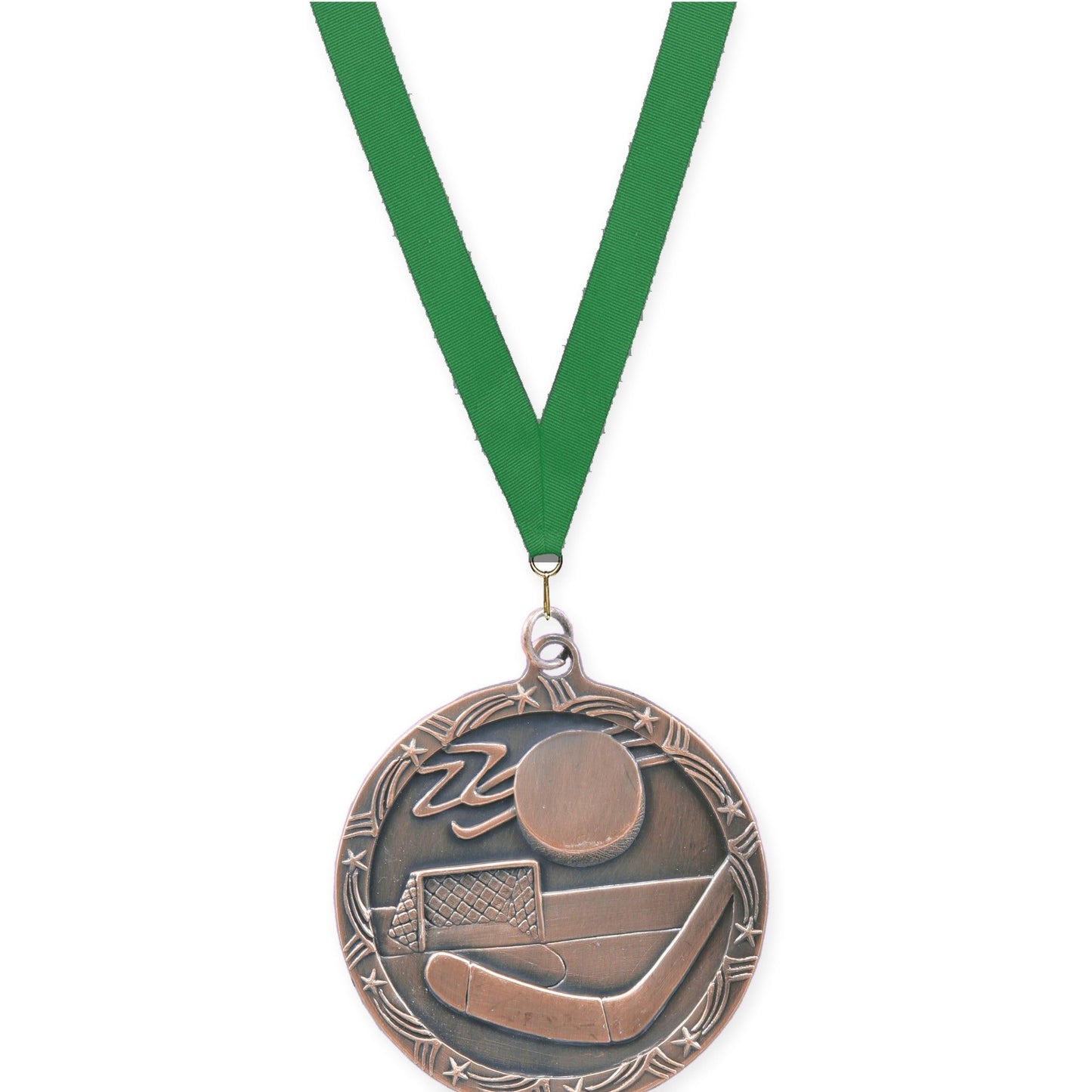 2 1/2 inch hockey Shooting Star medal in antique bronze with Green neck ribbon
