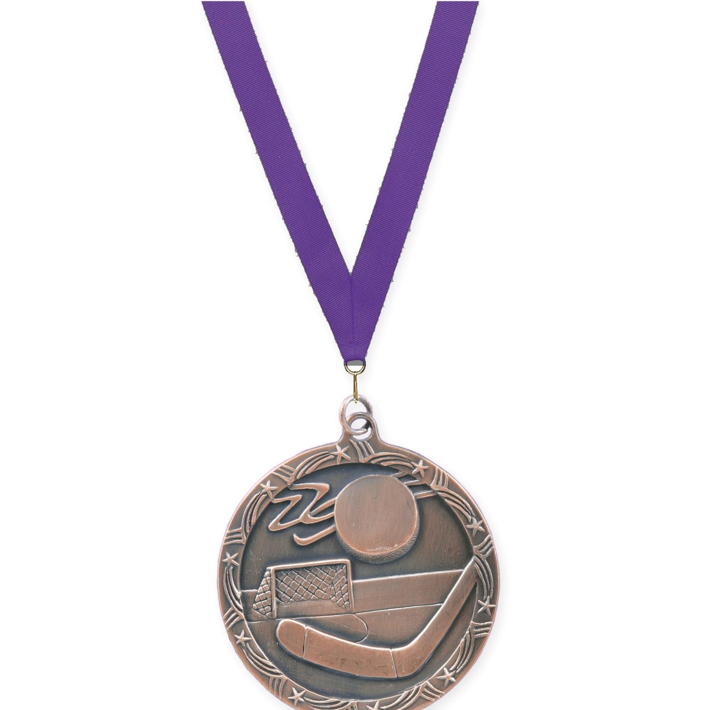 2 1/2 inch hockey Shooting Star medal in antique bronze with Purple neck ribbon