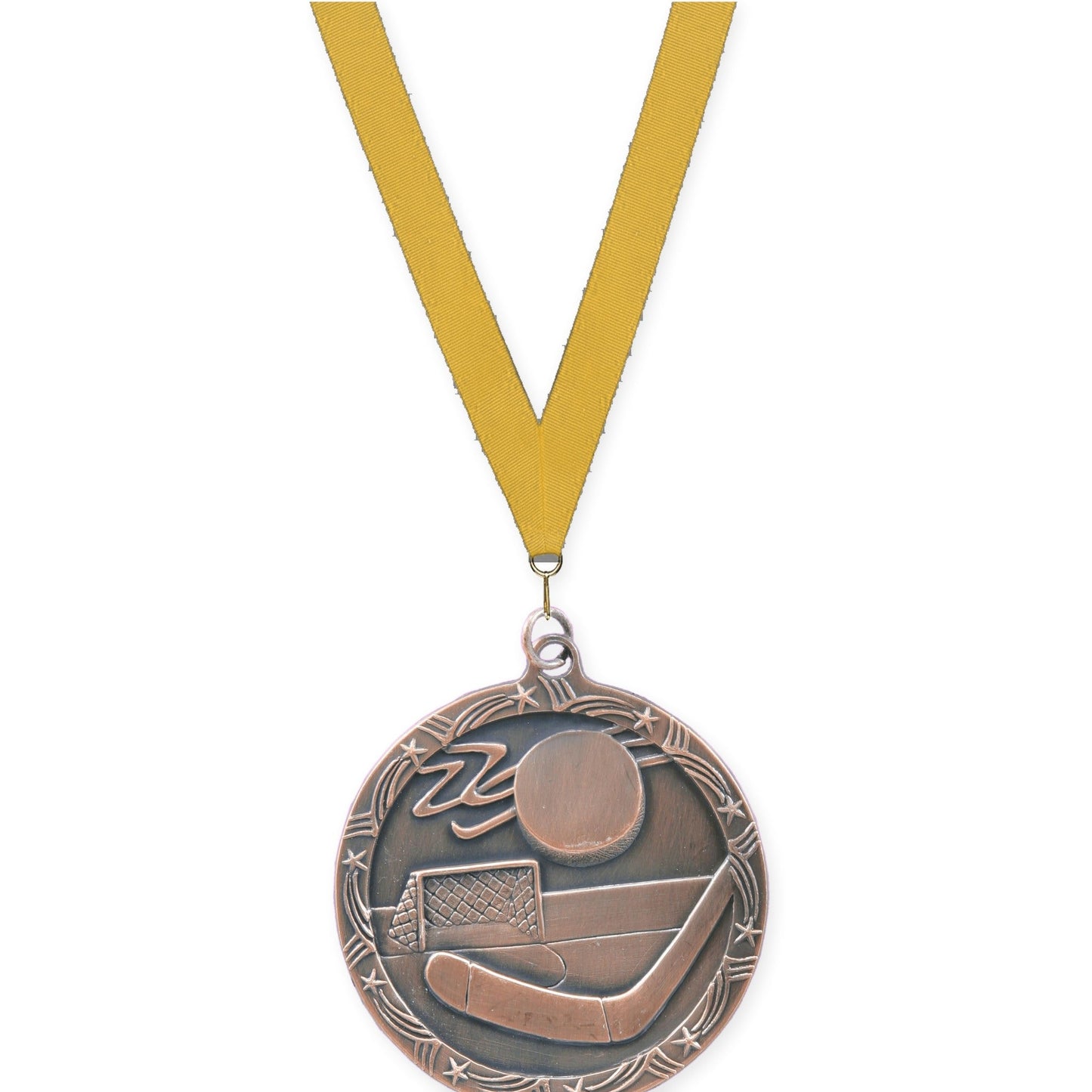 2 1/2 inch hockey Shooting Star medal in antique bronze with Gold neck ribbon
