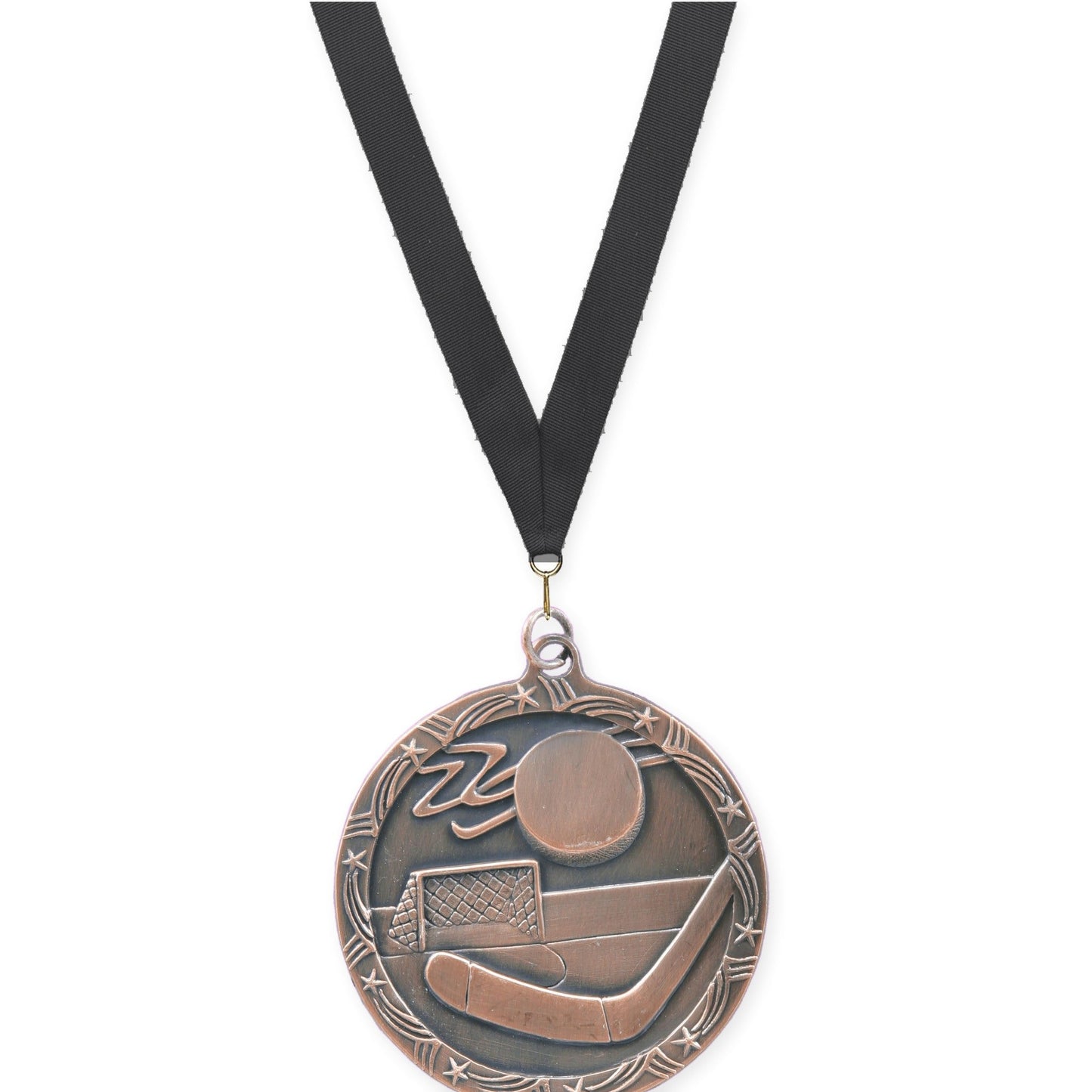 2 1/2 inch hockey Shooting Star medal in antique bronze with Black neck ribbon