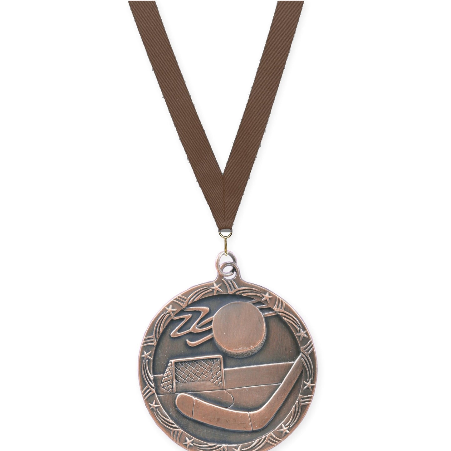 2 1/2 inch hockey Shooting Star medal in antique bronze with Brown neck ribbon