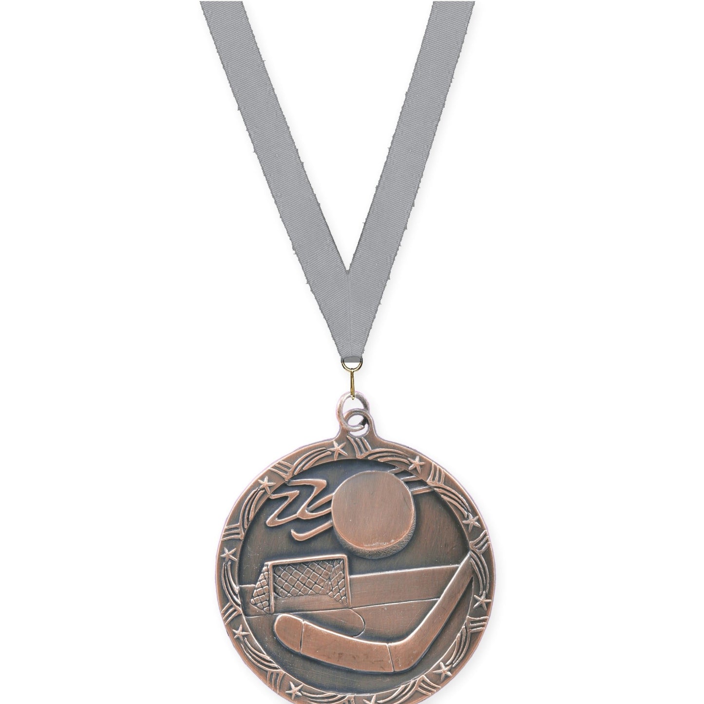 2 1/2 inch hockey Shooting Star medal in antique bronze with Gray neck ribbon