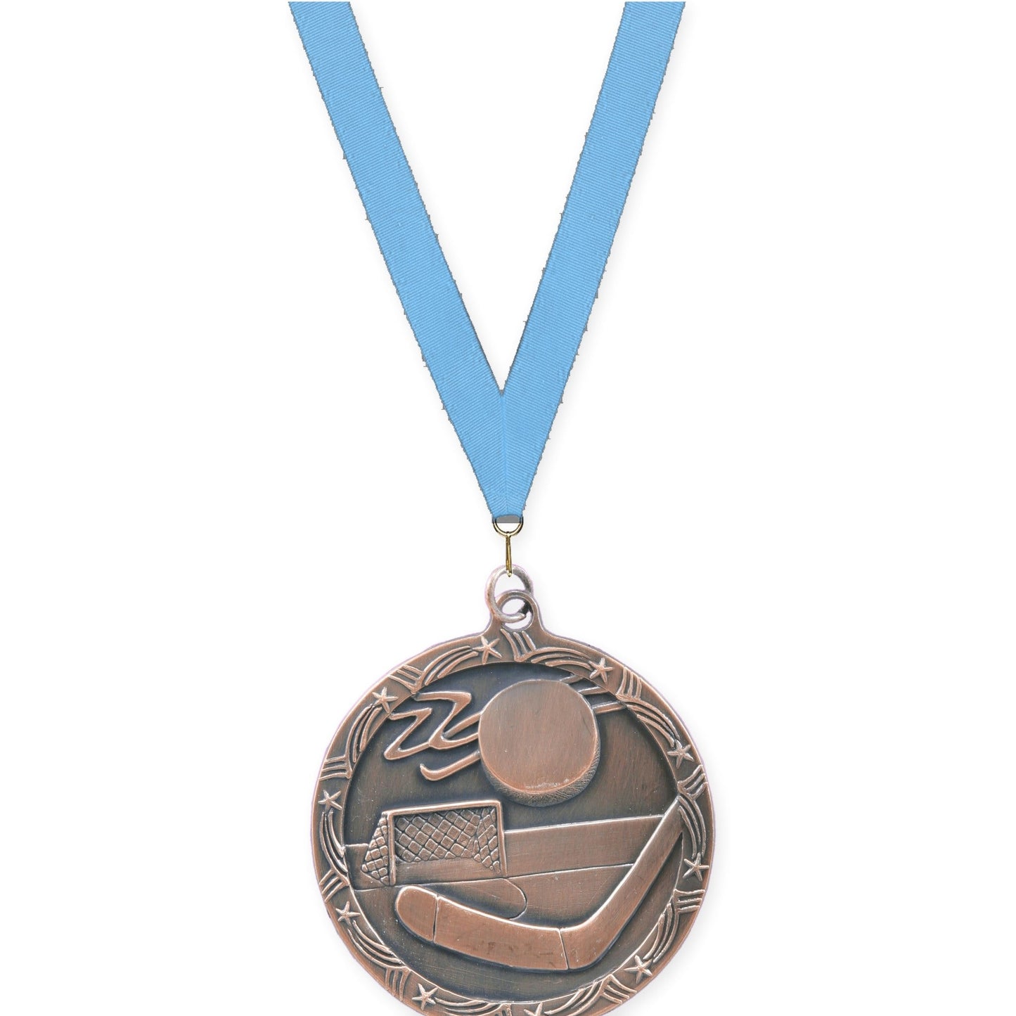 2 1/2 inch hockey Shooting Star medal in antique bronze with Light Blue neck ribbon