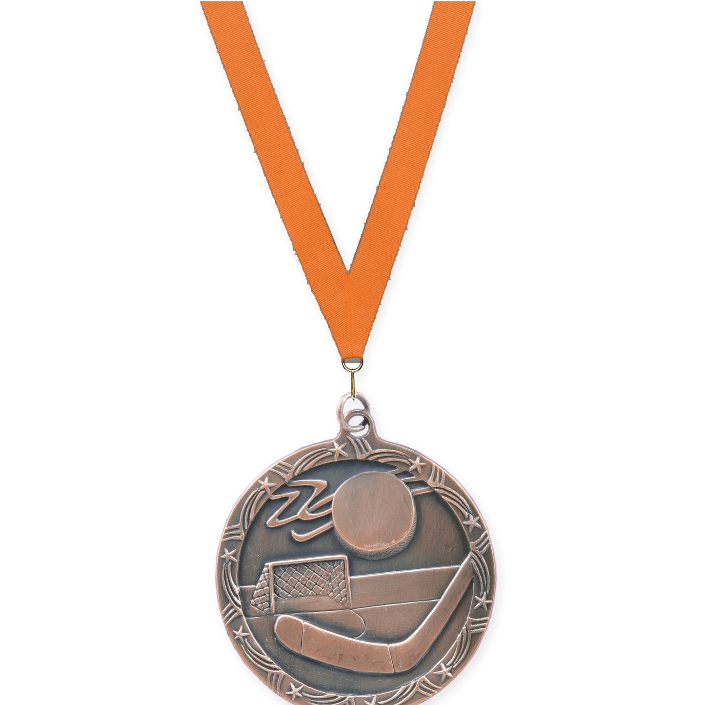 2 1/2 inch hockey Shooting Star medal in antique bronze with Orange neck ribbon