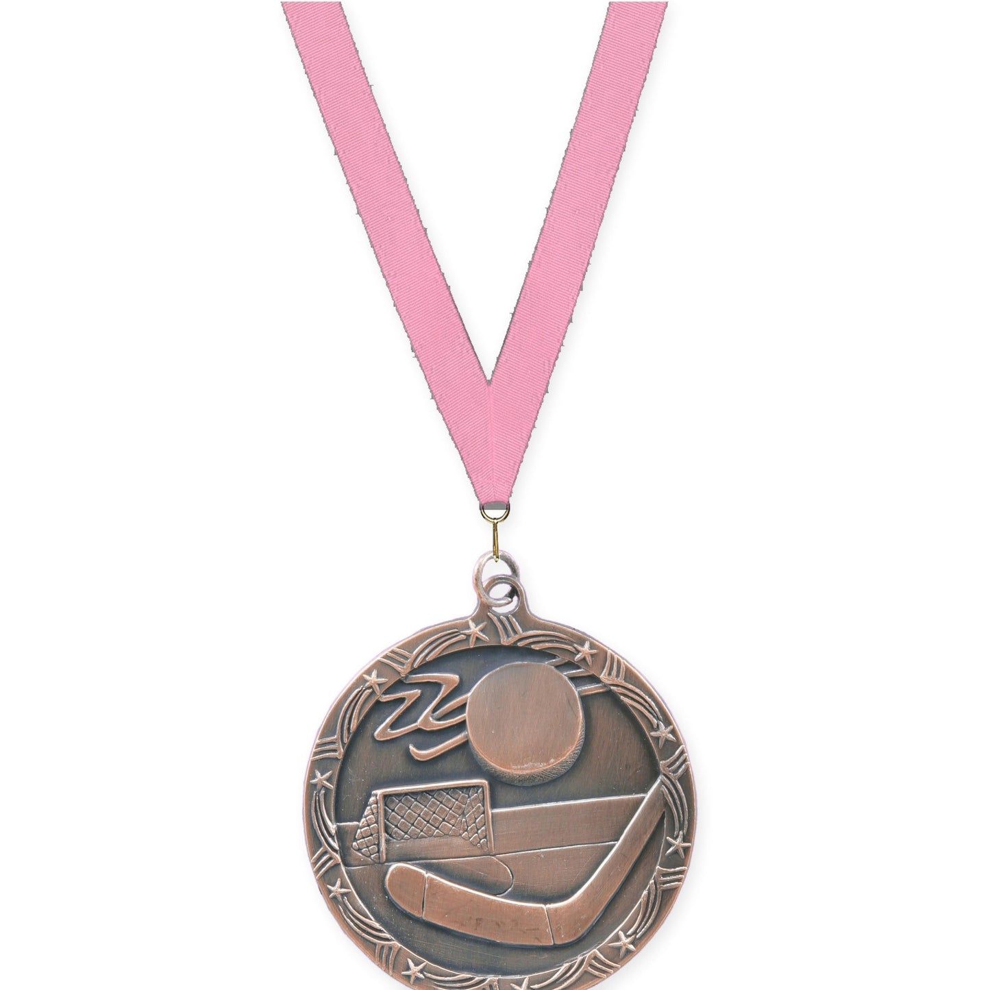 2 1/2 inch hockey Shooting Star medal in antique bronze with Pink neck ribbon