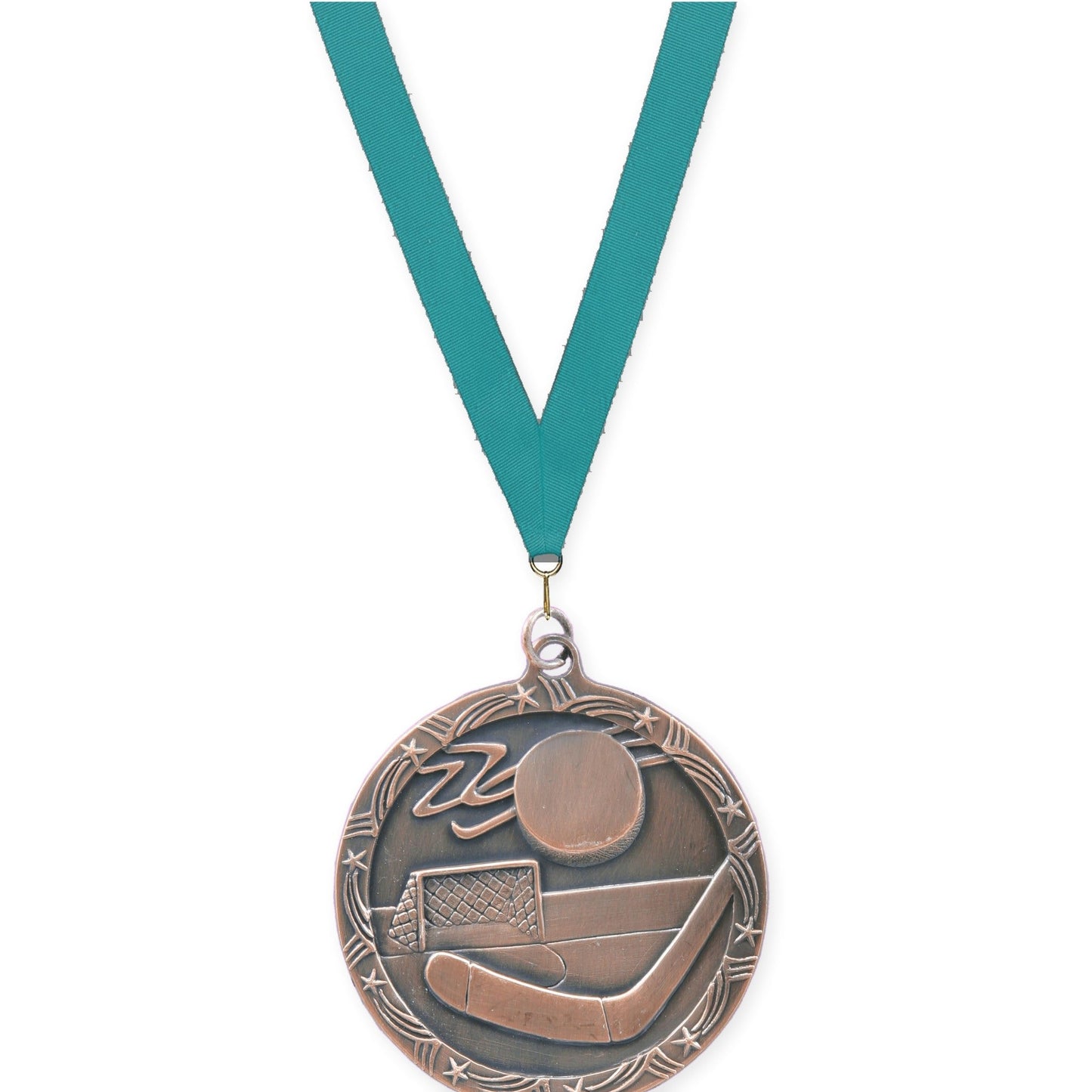 2 1/2 inch hockey Shooting Star medal in antique bronze with Teal neck ribbon