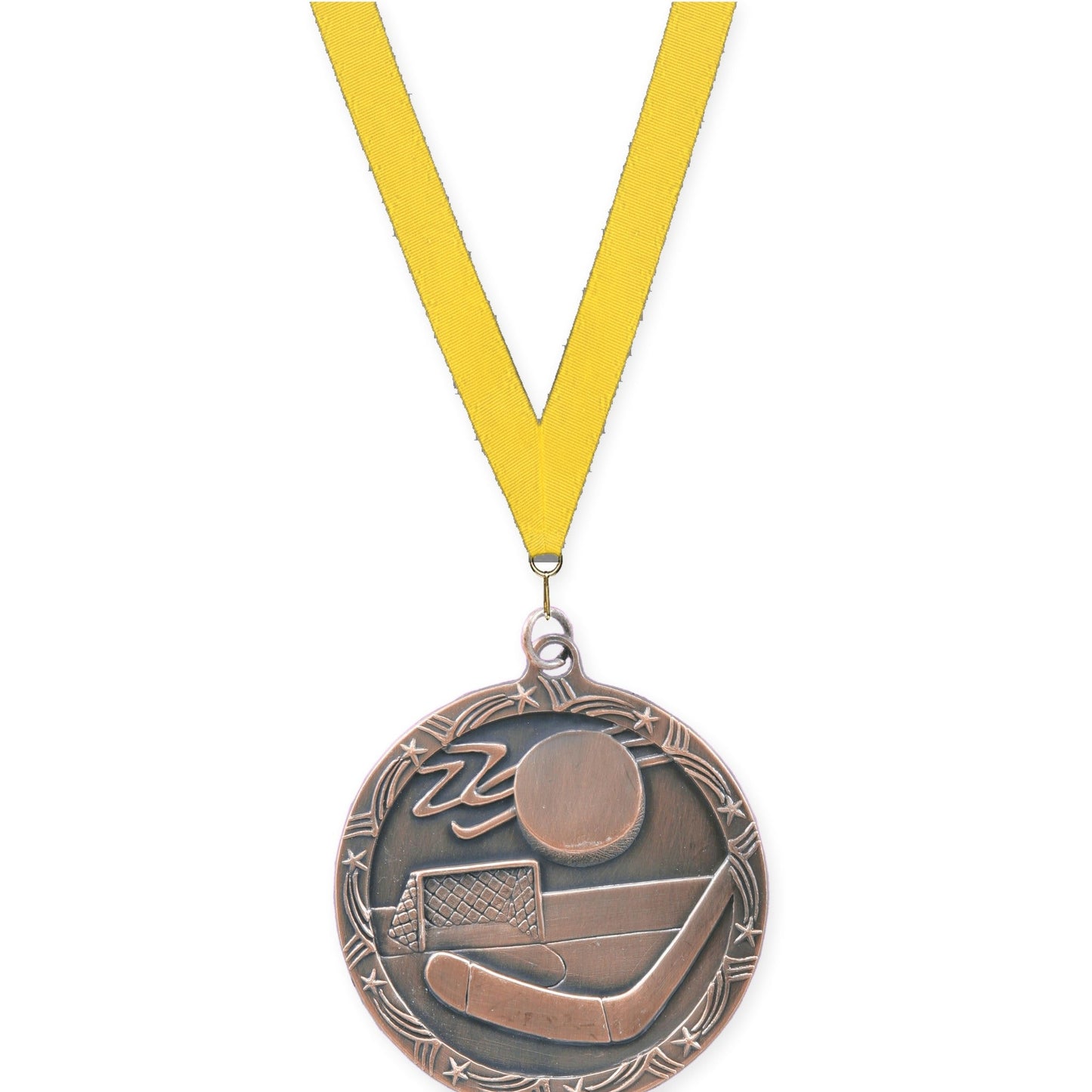 2 1/2 inch hockey Shooting Star medal in antique bronze with Yellow neck ribbon