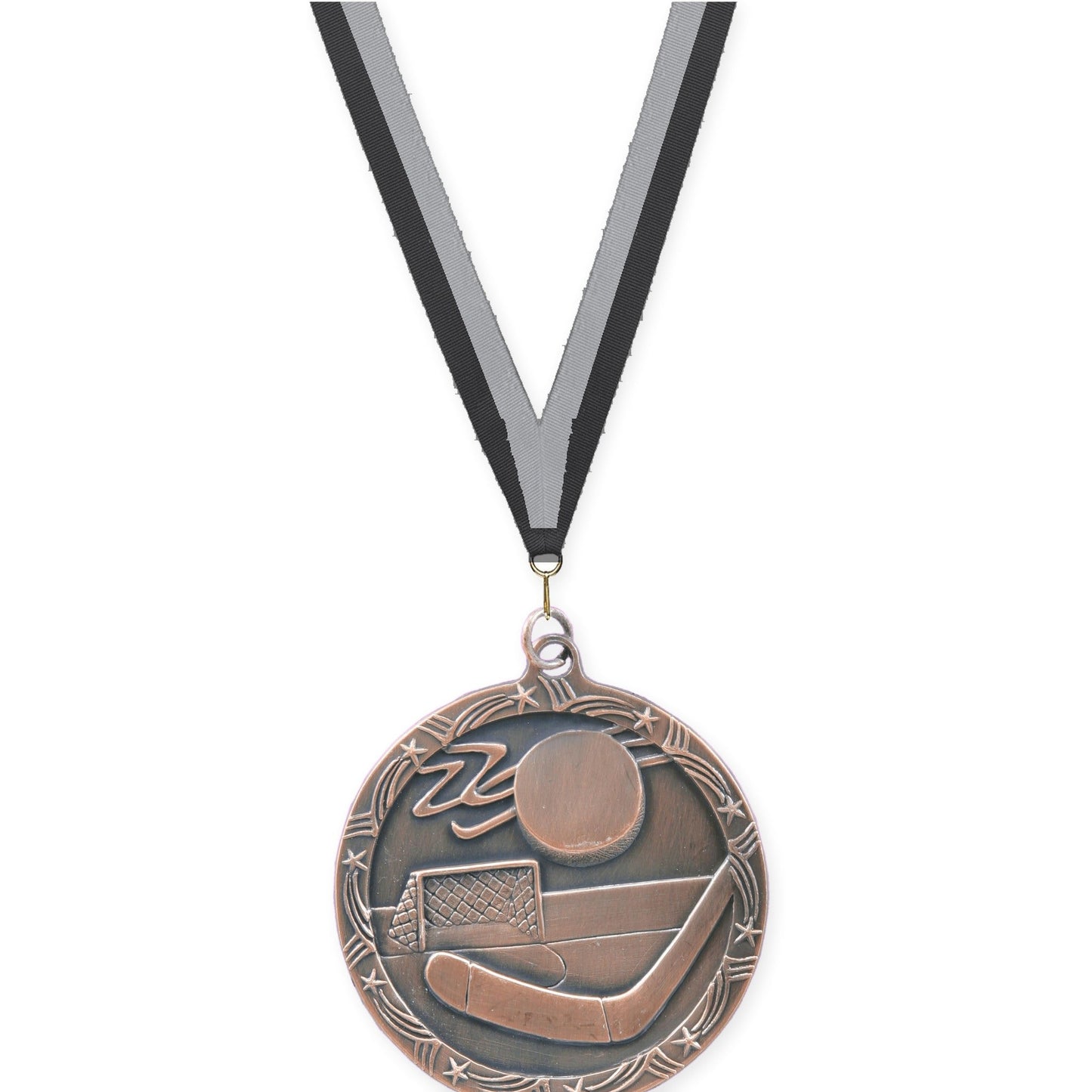2 1/2 inch hockey Shooting Star medal in antique bronze with Black Gray neck ribbon