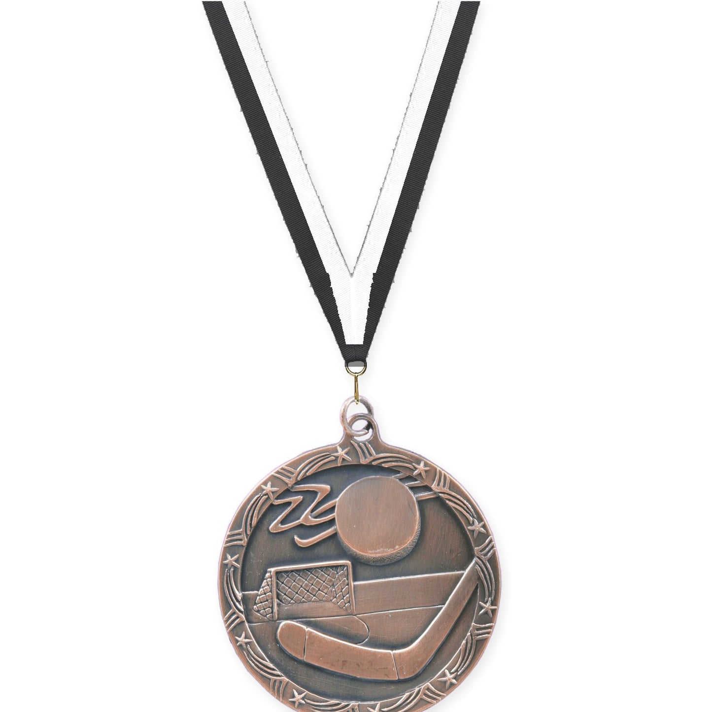 2 1/2 inch hockey Shooting Star medal in antique bronze with Black White neck ribbon