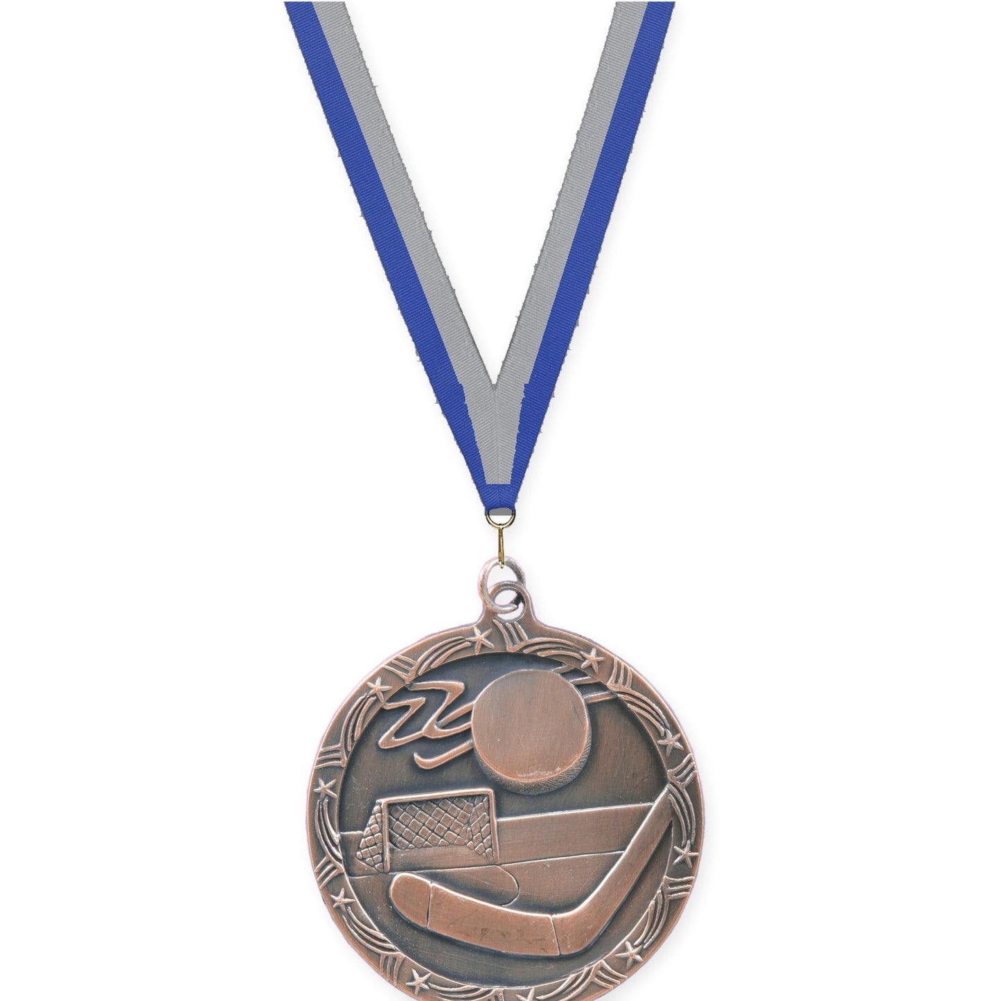 2 1/2 inch hockey Shooting Star medal in antique bronze with Blue Gray neck ribbon