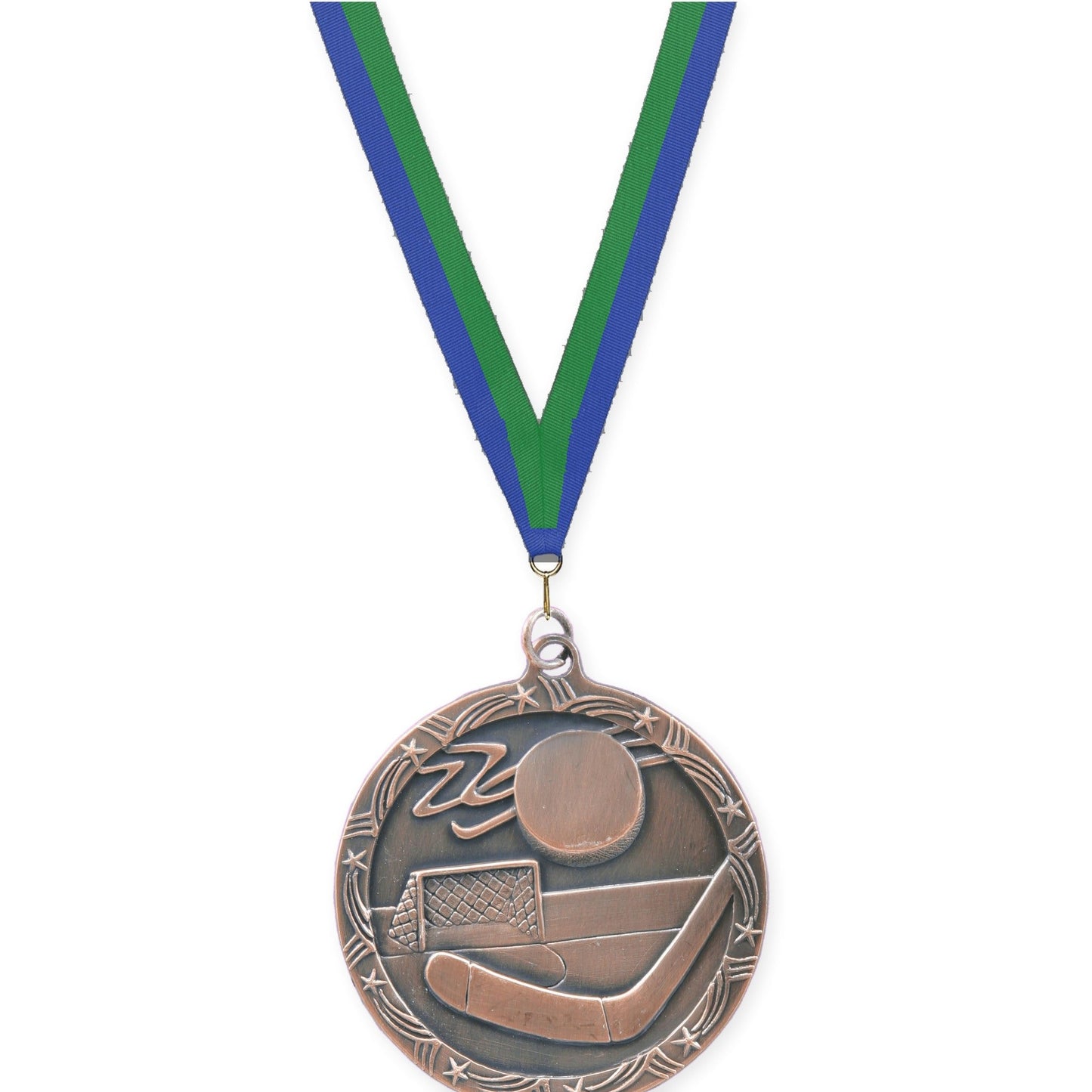 2 1/2 inch hockey Shooting Star medal in antique bronze with Blue Green neck ribbon