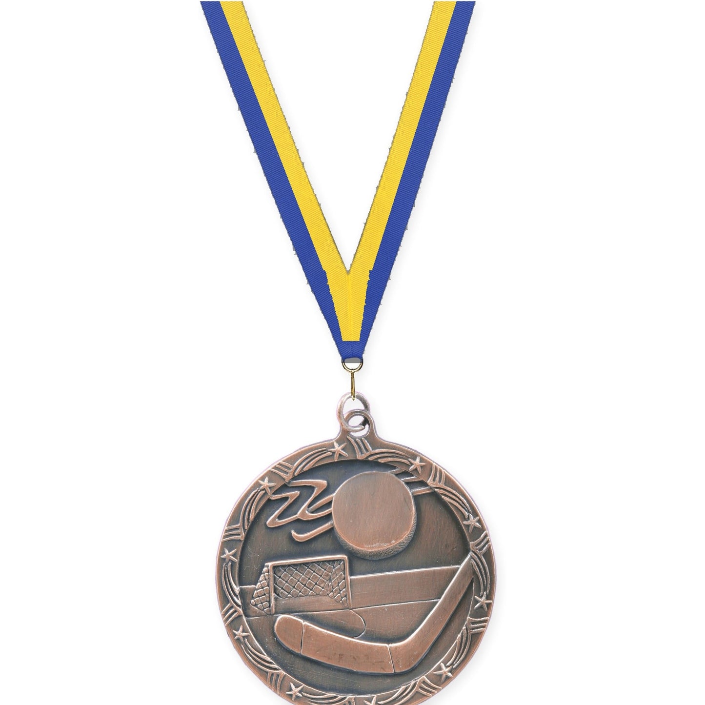 2 1/2 inch hockey Shooting Star medal in antique bronze with Blue Yellow neck ribbon