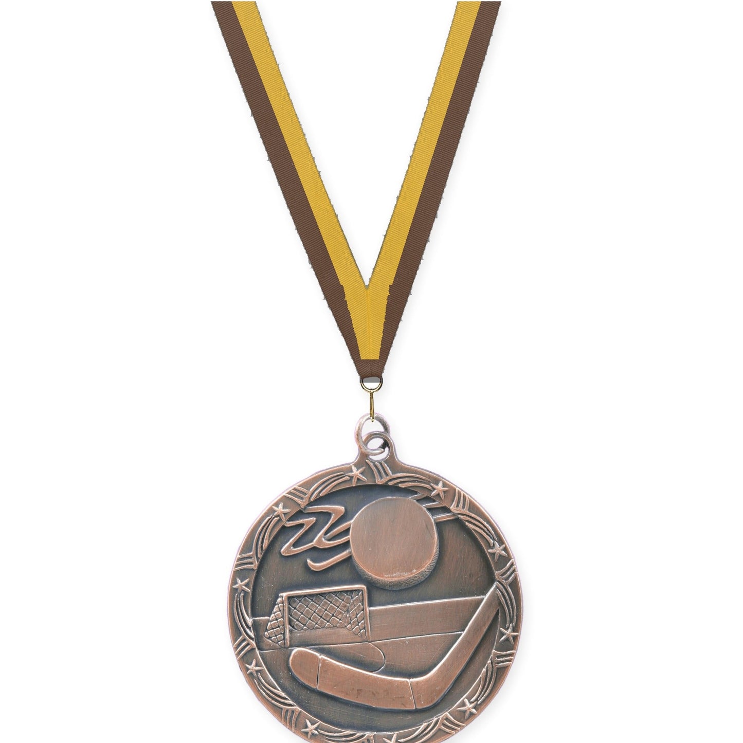 2 1/2 inch hockey Shooting Star medal in antique bronze with Brown Gold neck ribbon