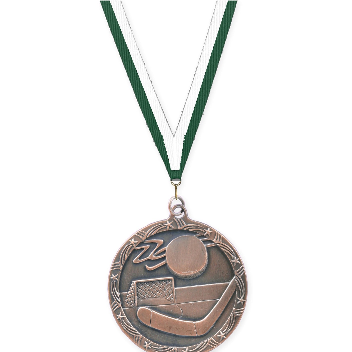 2 1/2 inch hockey Shooting Star medal in antique bronze with Hunter Green White neck ribbon