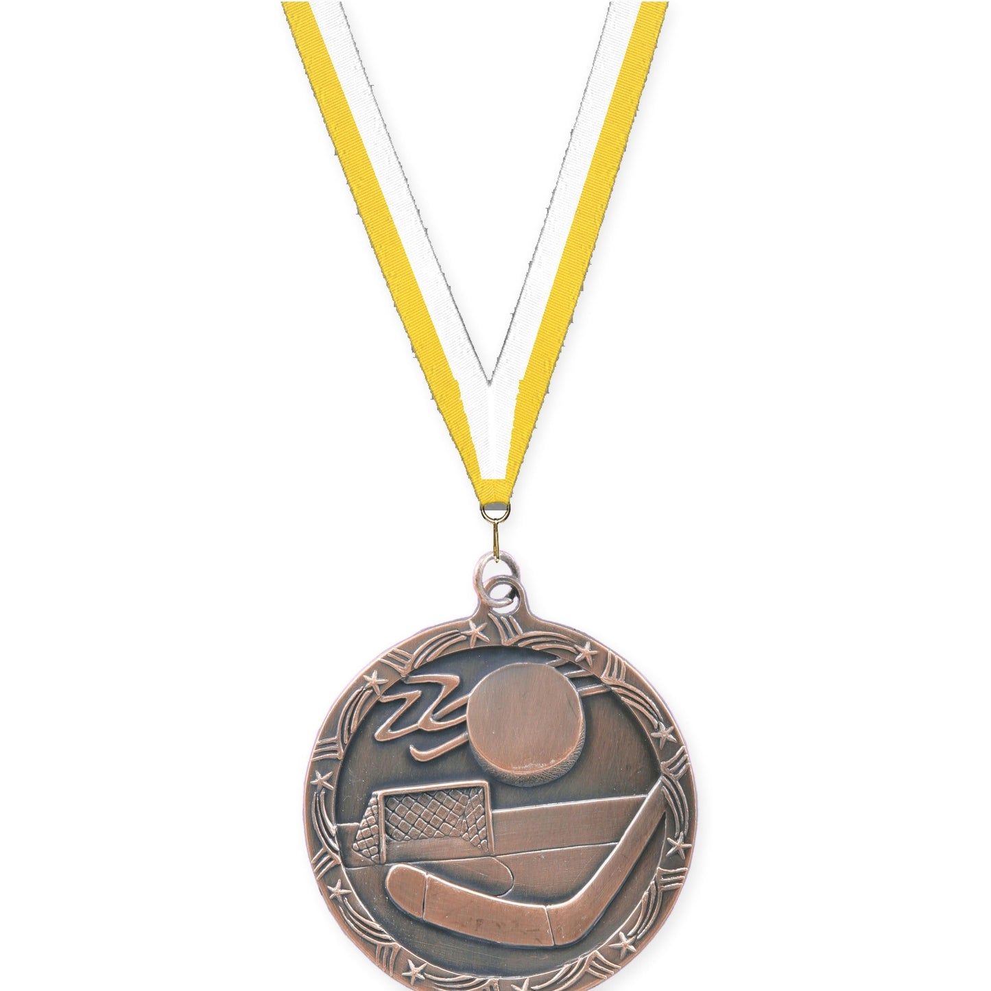 2 1/2 inch hockey Shooting Star medal in antique bronze with Yellow White neck ribbon