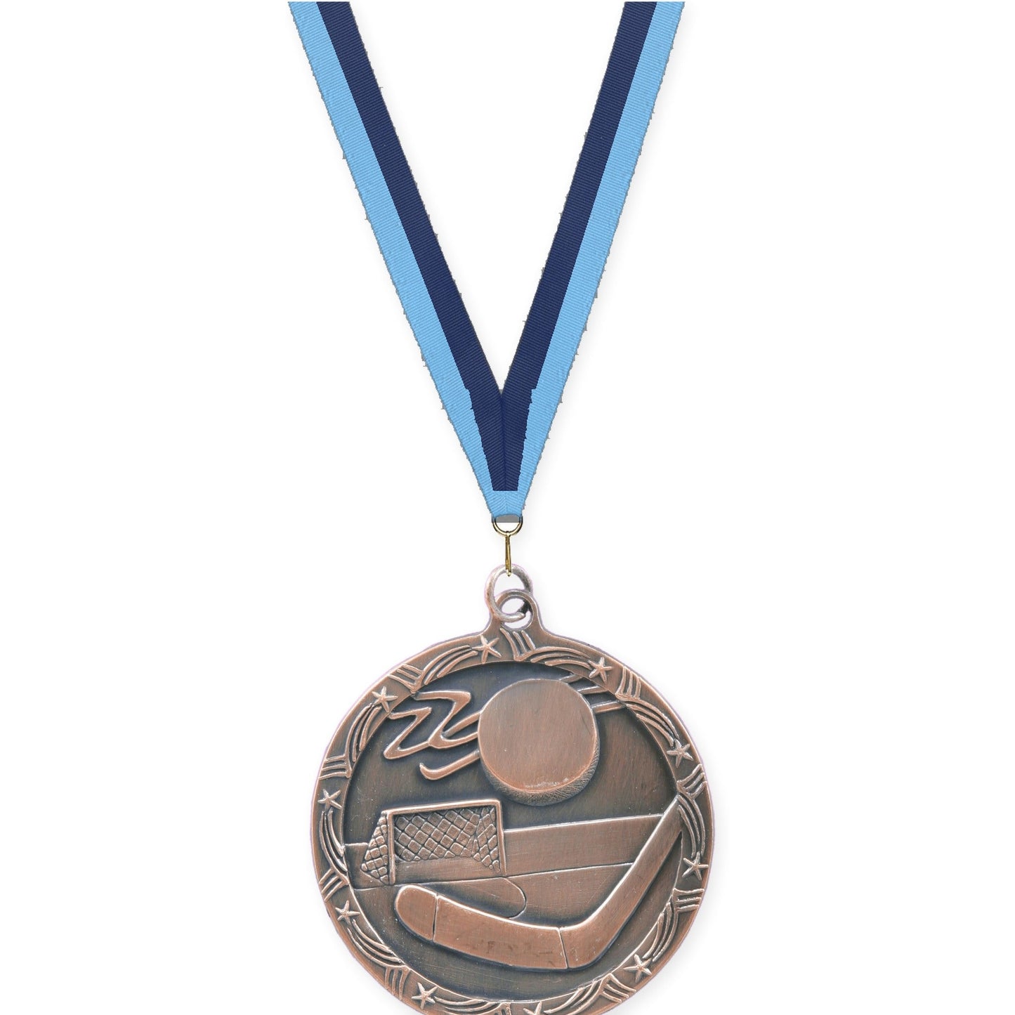 2 1/2 inch hockey Shooting Star medal in antique bronze with Light Blue Navy neck ribbon