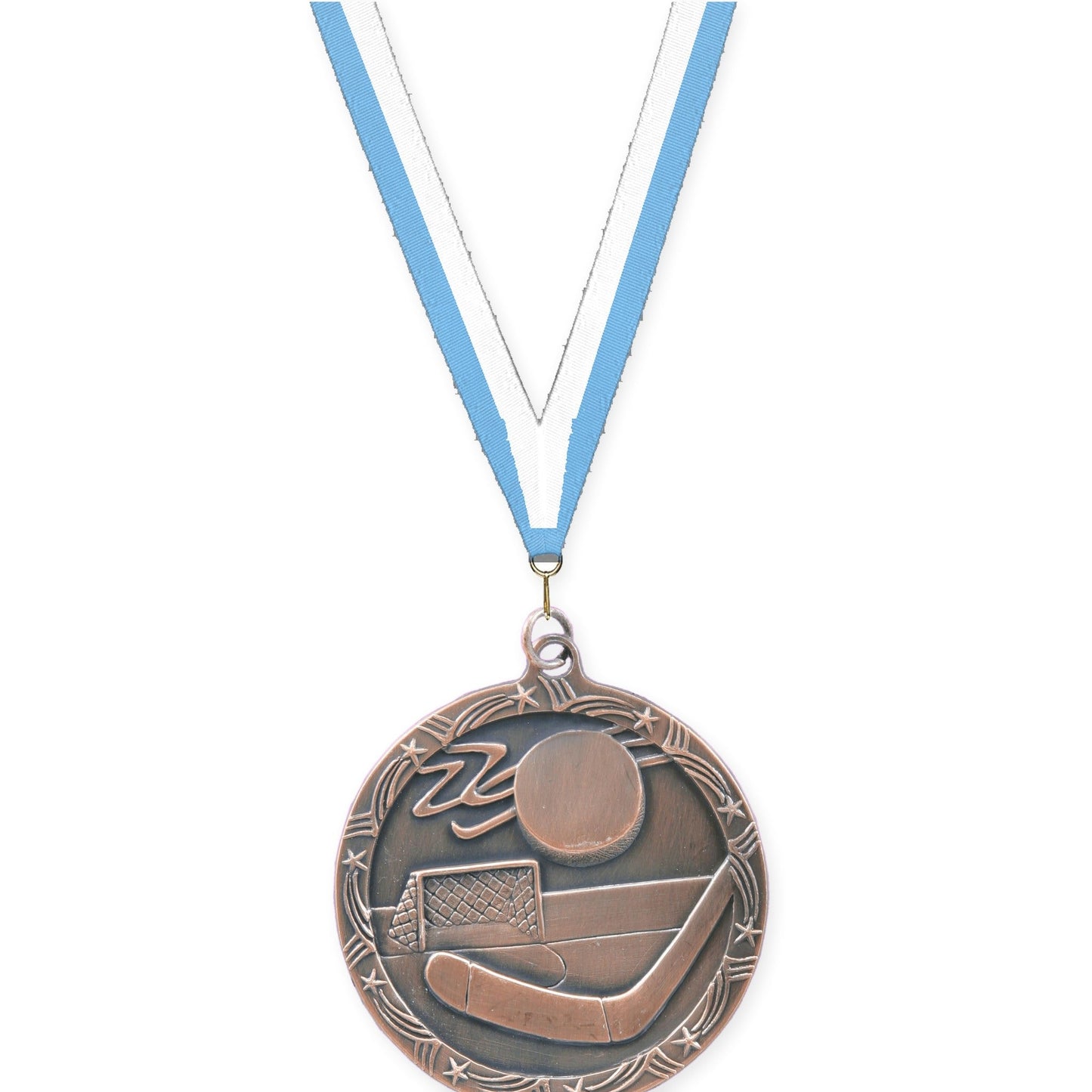 2 1/2 inch hockey Shooting Star medal in antique bronze with Light Blue White neck ribbon