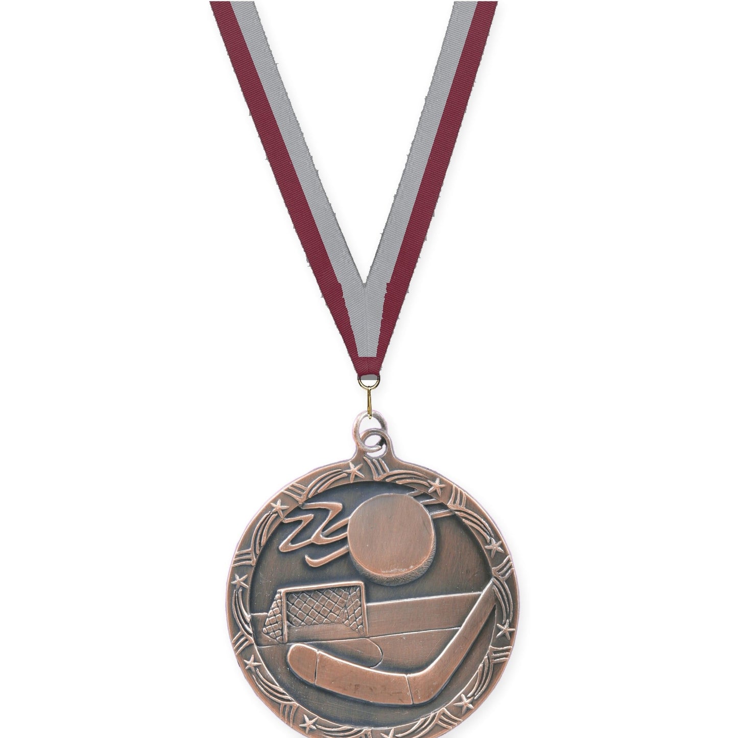 2 1/2 inch hockey Shooting Star medal in antique bronze with Maroon Gray neck ribbon
