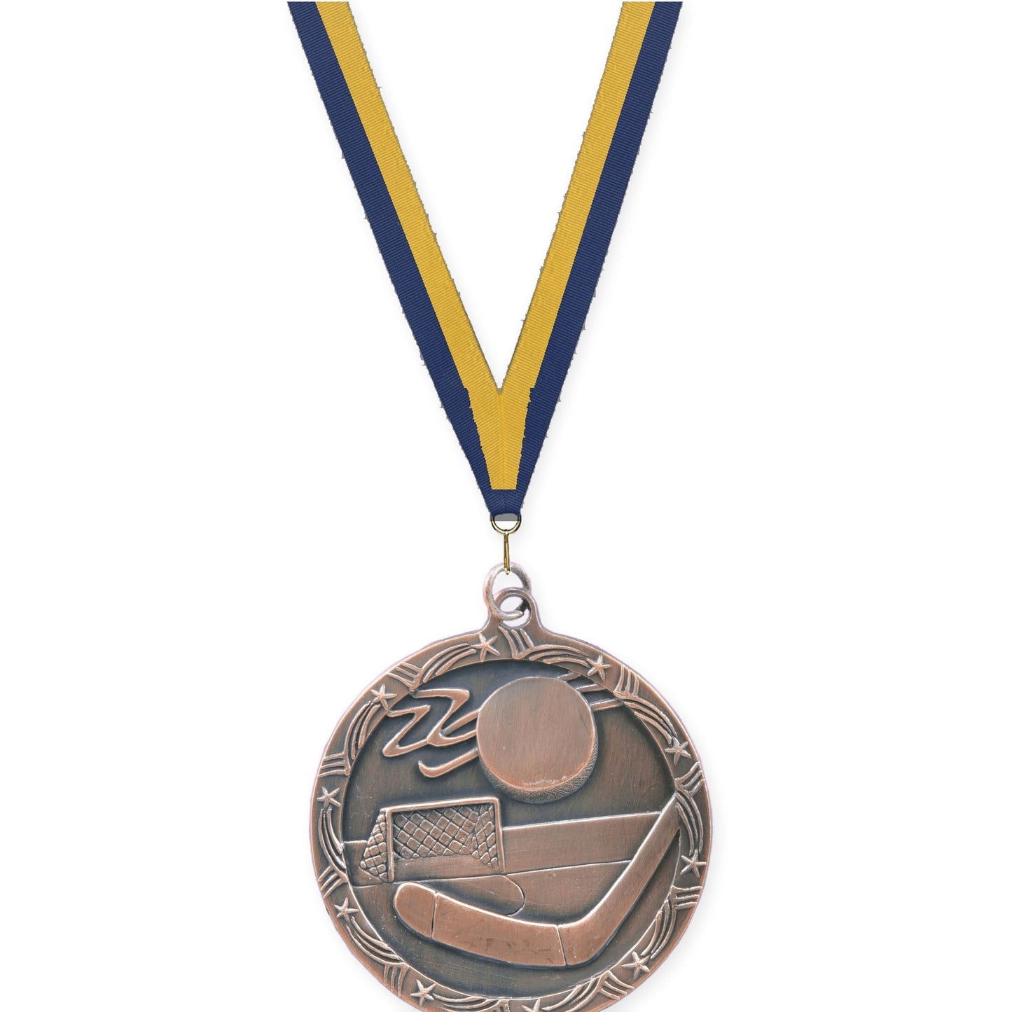 2 1/2 inch hockey Shooting Star medal in antique bronze with Navy Gold neck ribbon
