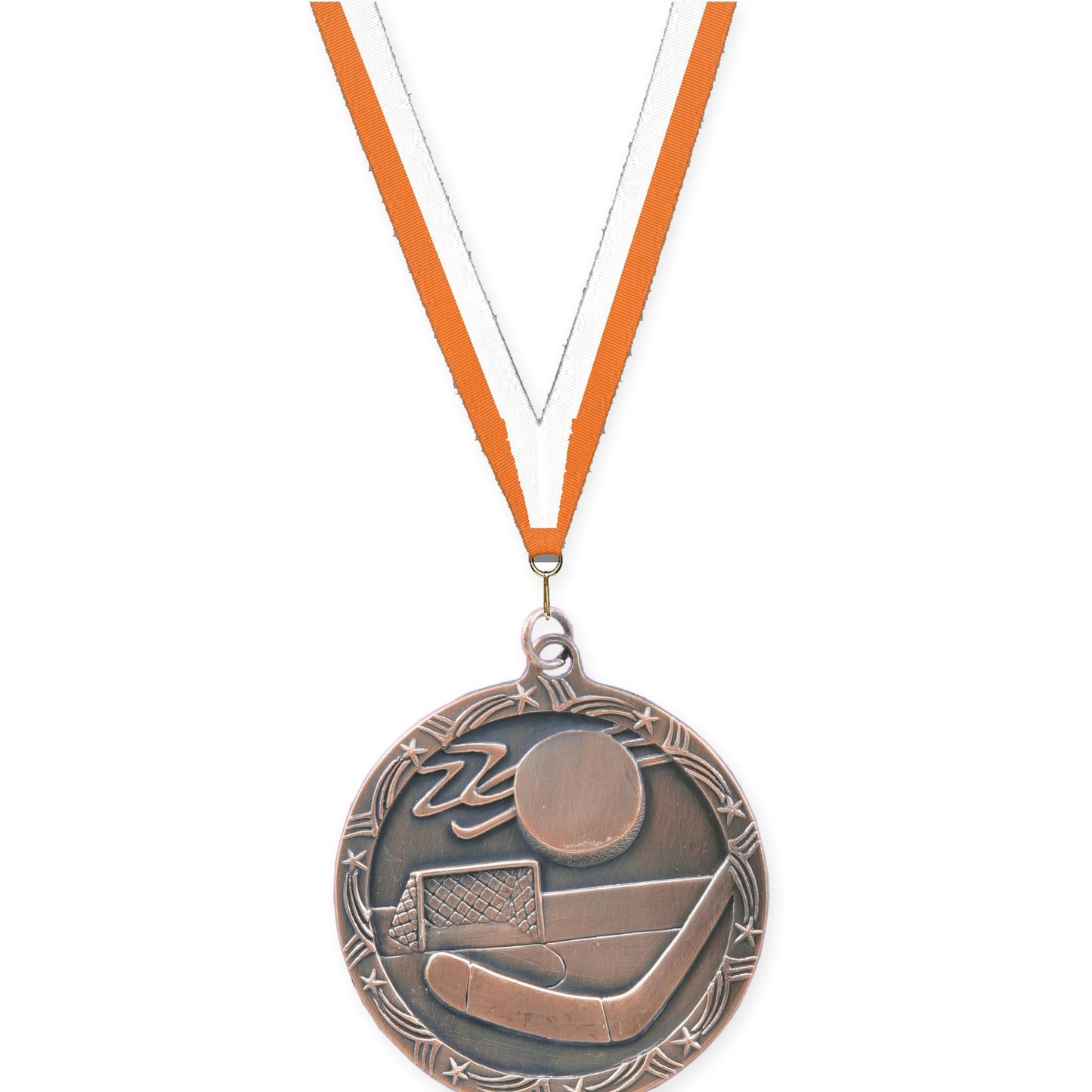 2 1/2 inch hockey Shooting Star medal in antique bronze with Orange White neck ribbon