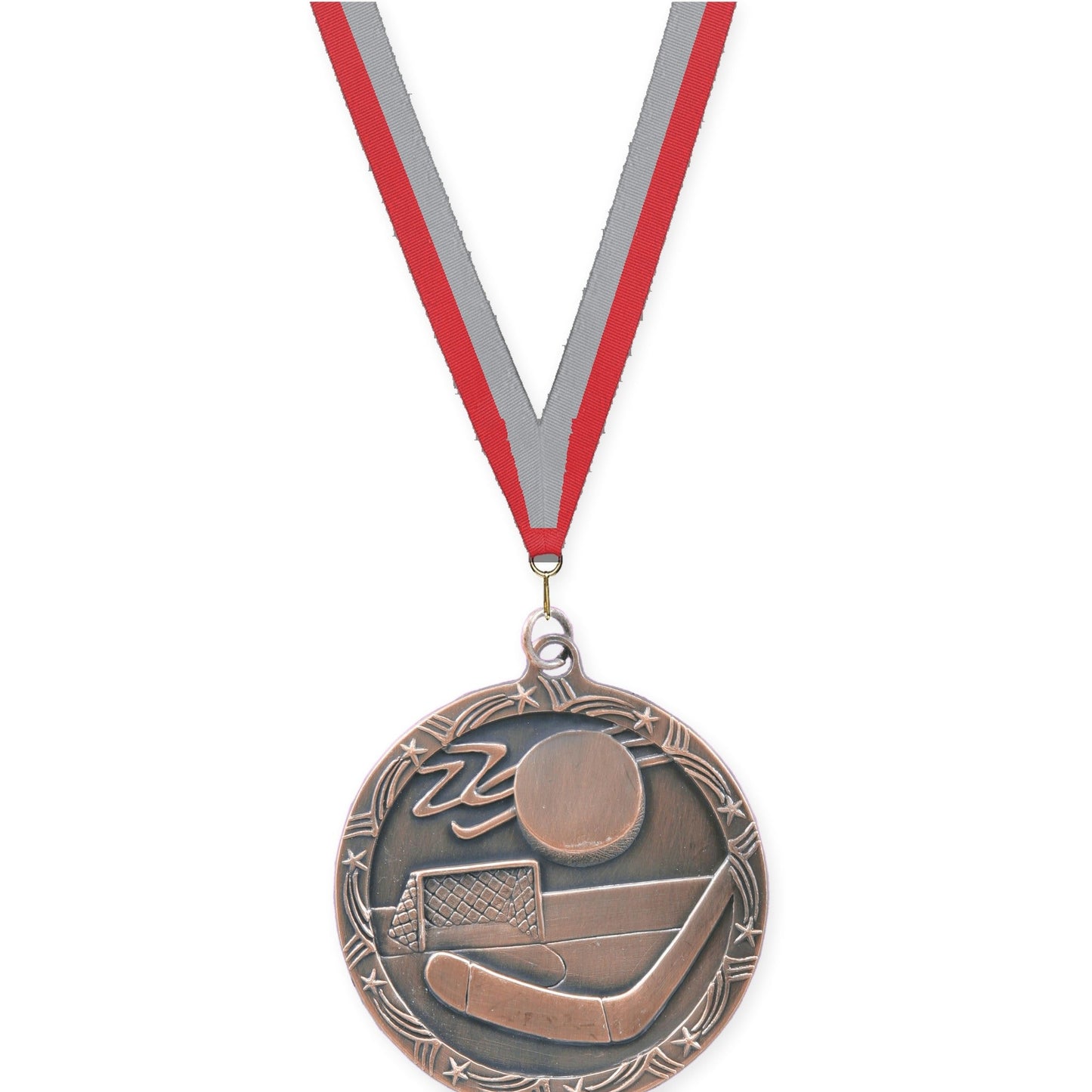 2 1/2 inch hockey Shooting Star medal in antique bronze with Red Gray neck ribbon