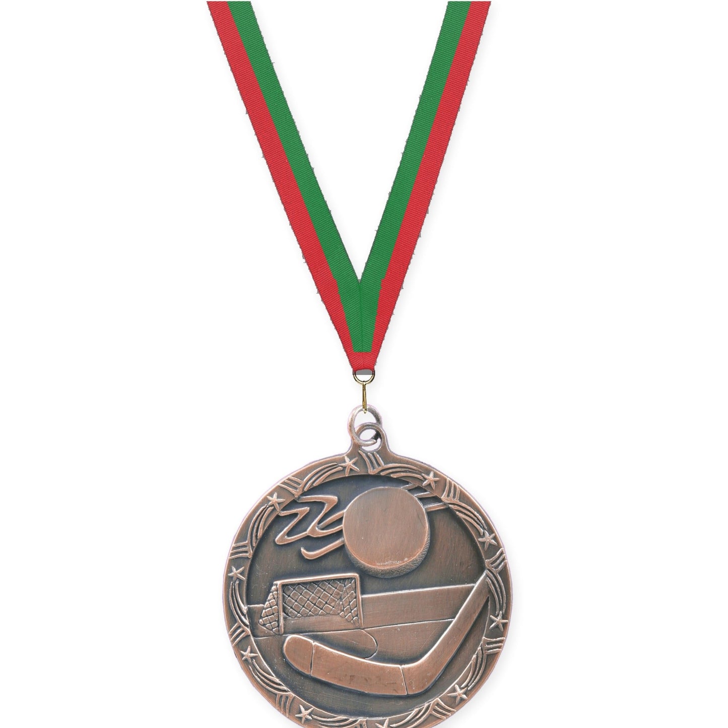 2 1/2 inch hockey Shooting Star medal in antique bronze with Red Green neck ribbon
