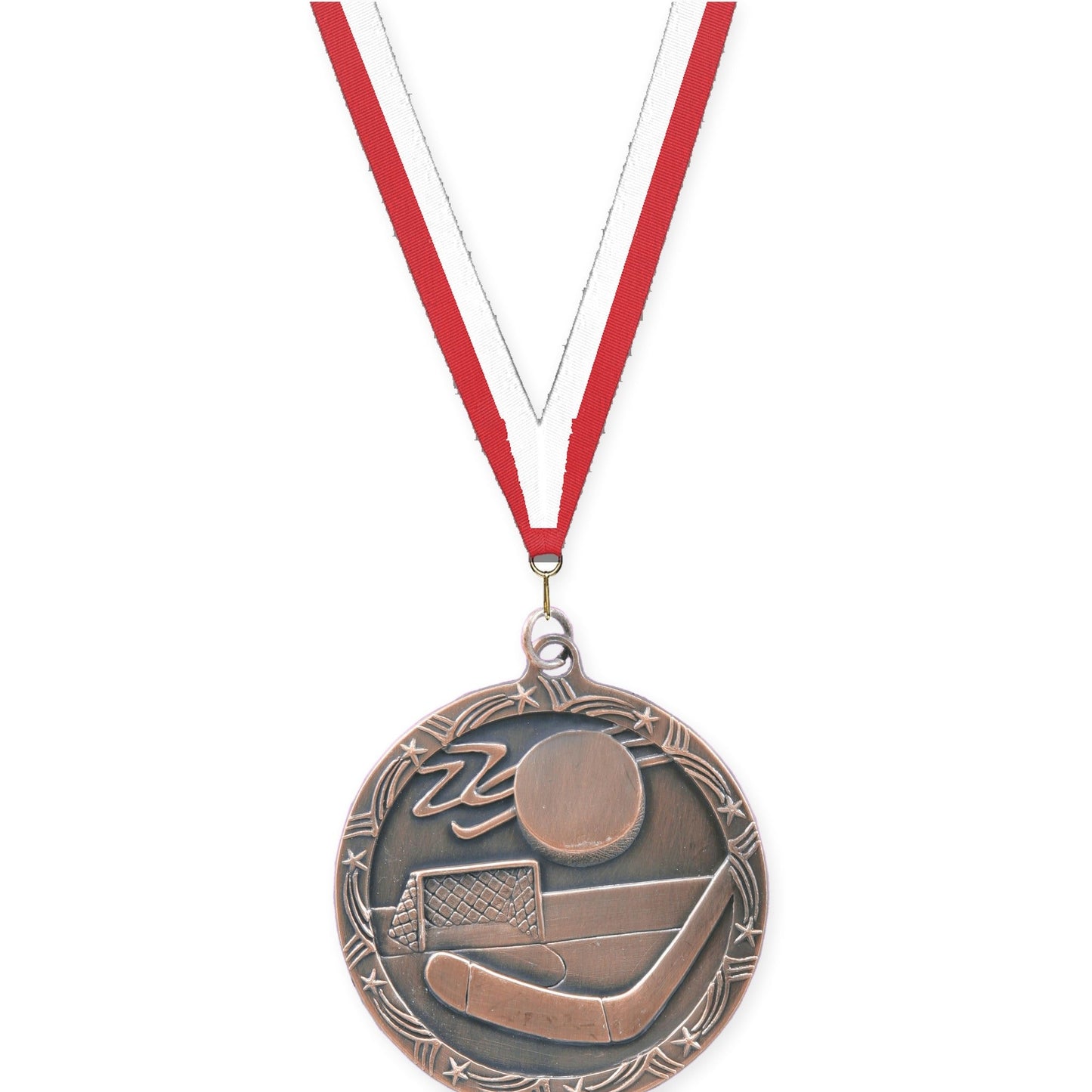 2 1/2 inch hockey Shooting Star medal in antique bronze with Red White neck ribbon