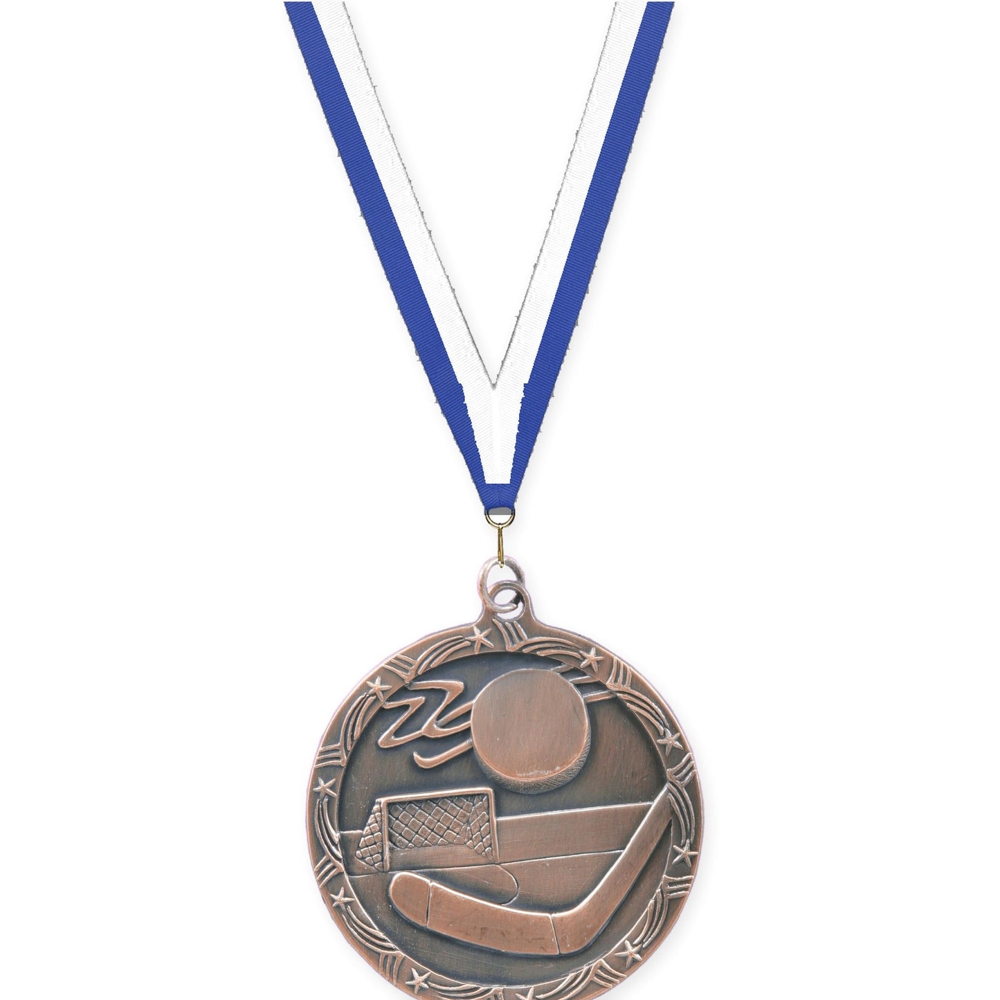 2 1/2 inch hockey Shooting Star medal in antique bronze with Blue White neck ribbon