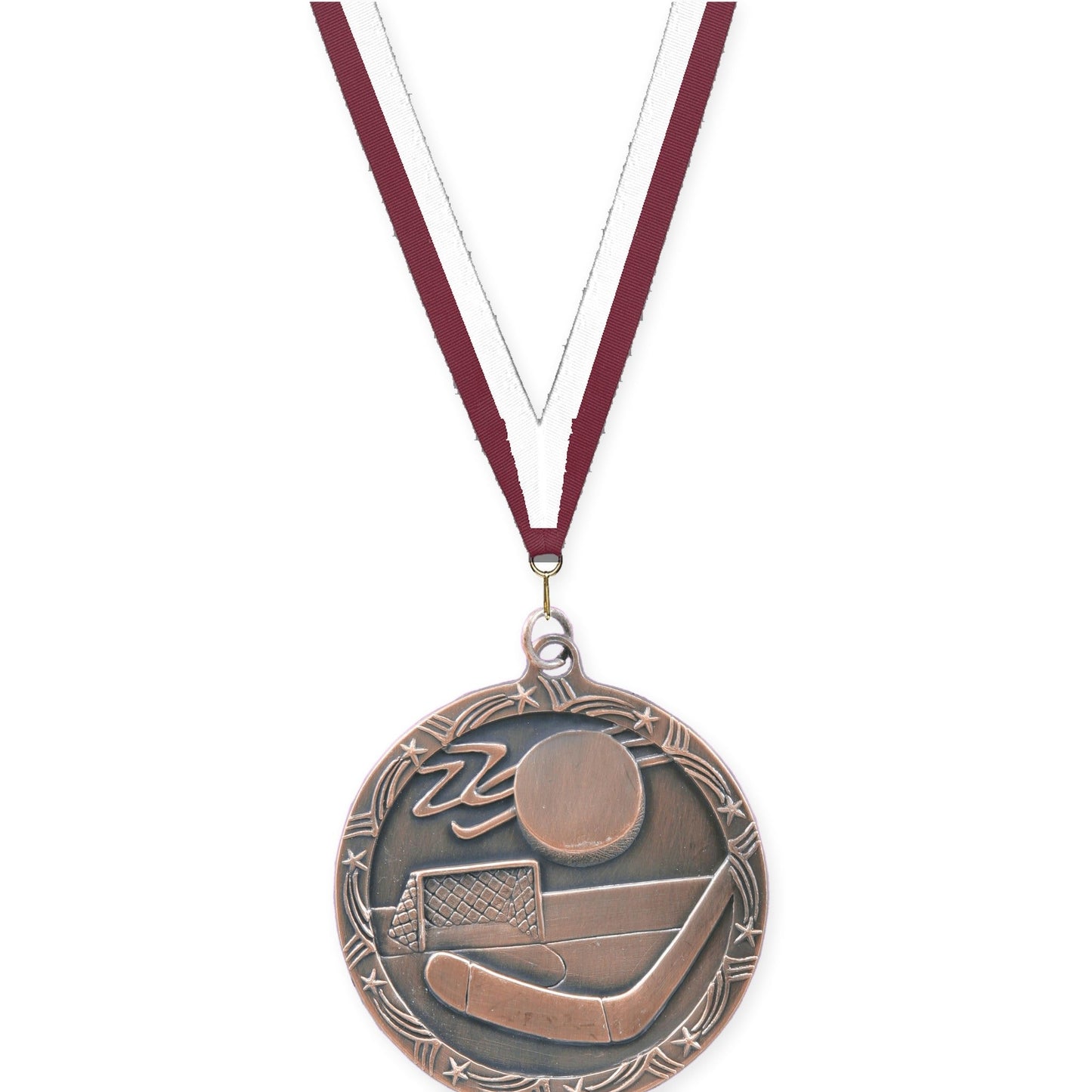 2 1/2 inch hockey Shooting Star medal in antique bronze with Maroon White neck ribbon