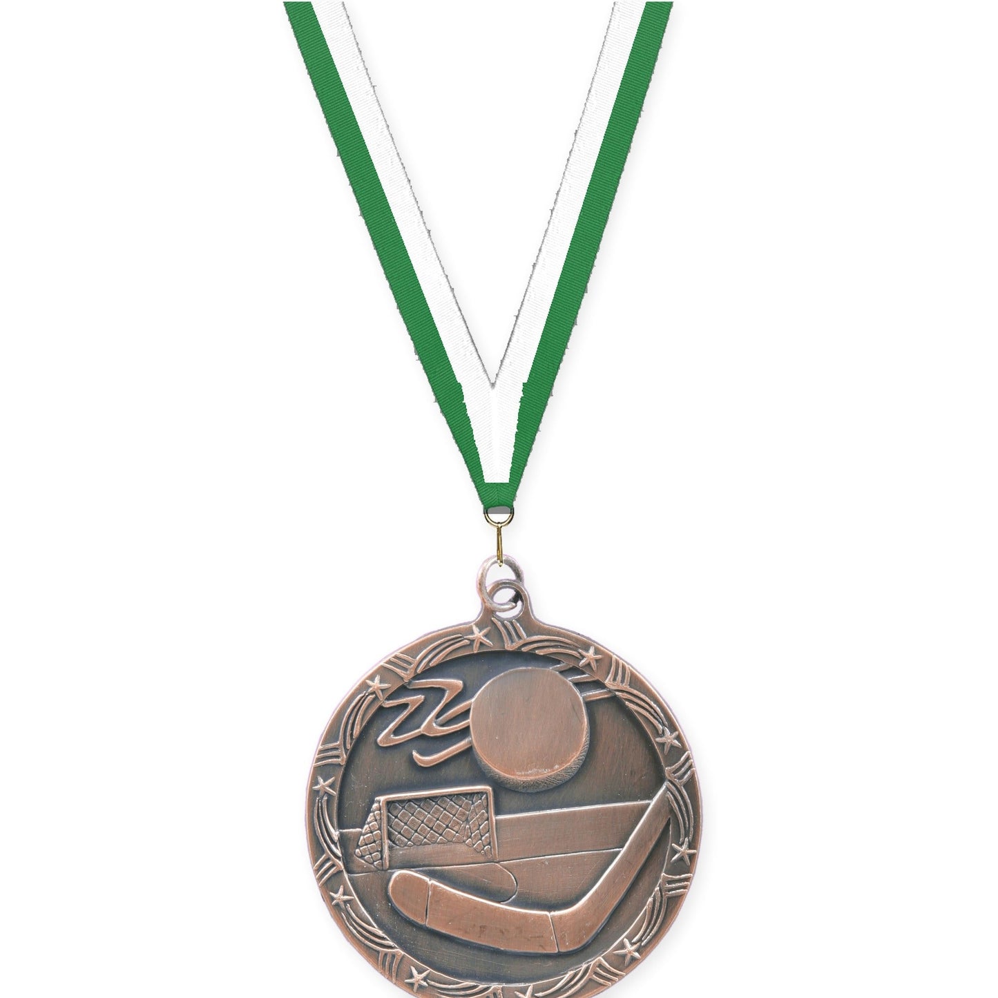 2 1/2 inch hockey Shooting Star medal in antique bronze with Green White neck ribbon